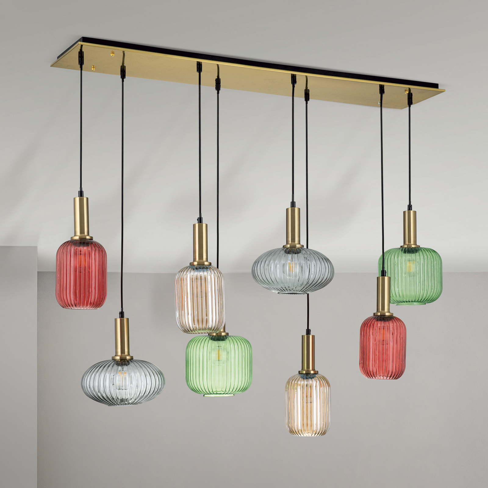 Carneval pendant light, colourful, length 140 cm, glass, 8-bulb.