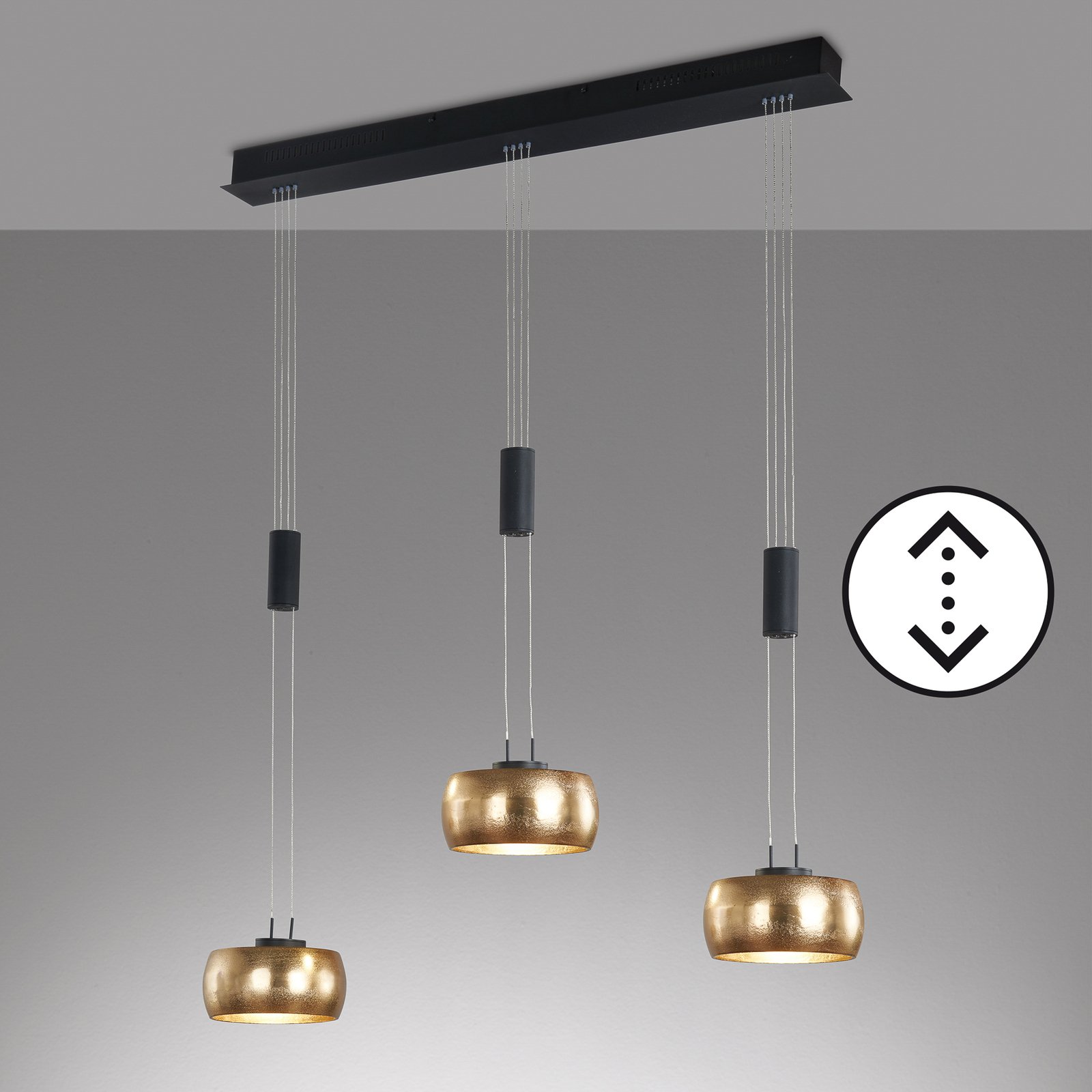 Colette LED pendant light, 3-bulb gold/black