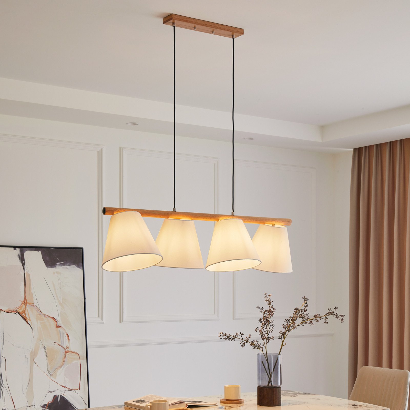 Lucande lampă suspendată Jinda alb lemn țesătură 120 cm E27 - Camera de zi / sufragerie - Scandinavă - alb stejar închis - Țesătură / Textil