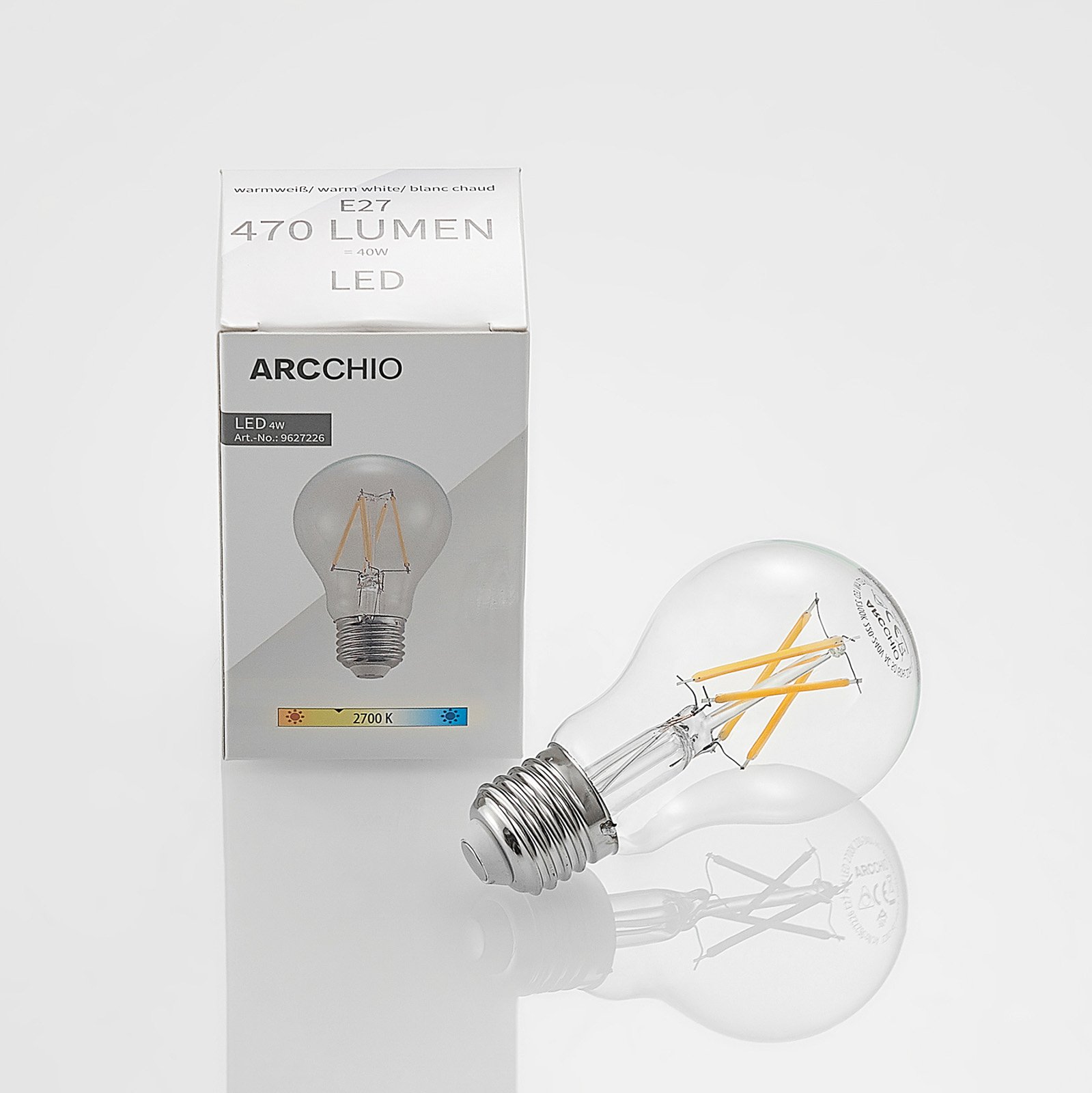 Lampada LED E27 4W 2,700K Filamento regulável transparente 2pcs