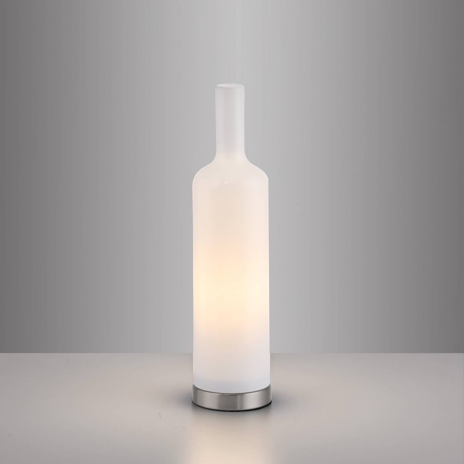 JUST LIGHT. Lampa stołowa Bottle, opalizująca biel, szkło, E14