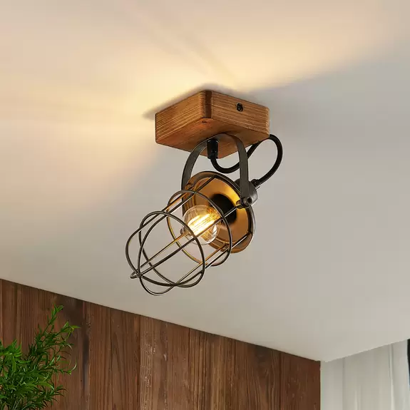 Lampenwelt Lindby Serima Deckenlampe Holz, Käfigschirm, 1-fl