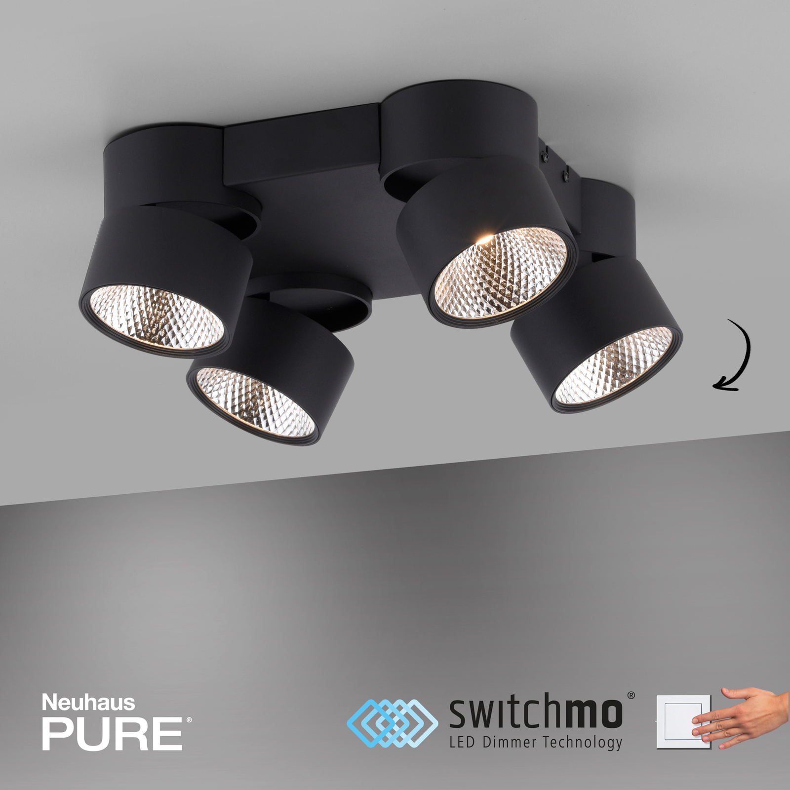 PURE Nola LED stropna svjetiljka s četiri žarulje crna