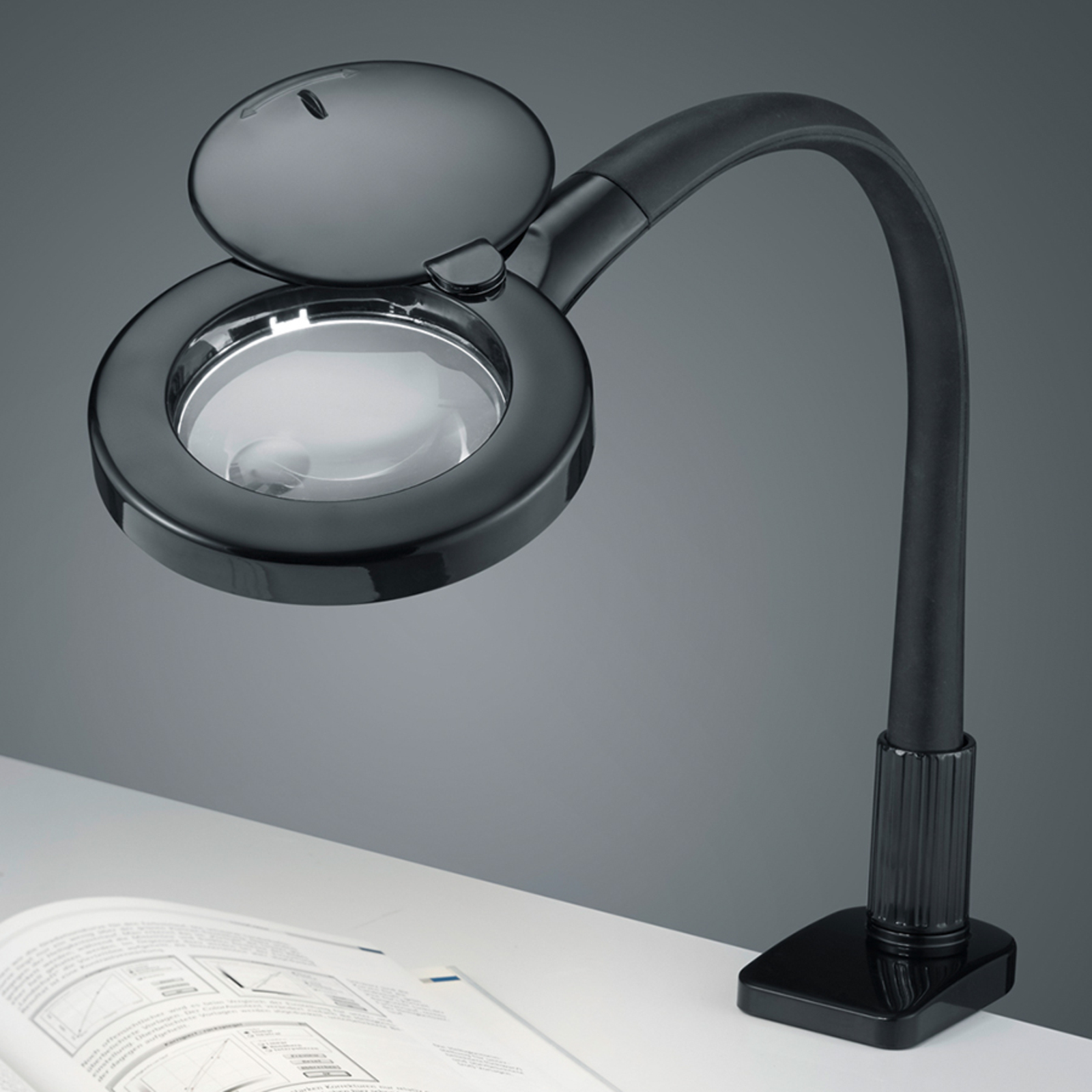 Trio Lighting LED clip-on lamp Lupo in black, magnifying glass, for Living / Dining Room, plastic, 5 W, energy efficiency: A+, H: 35 cm