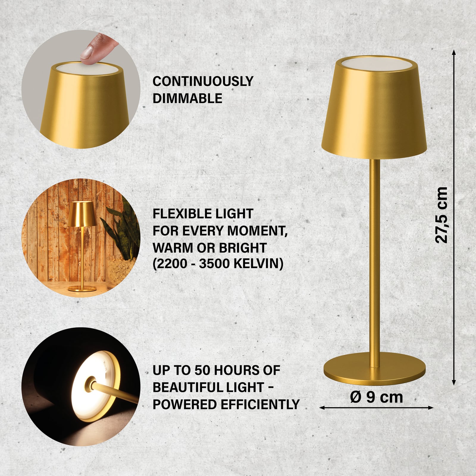 LED tafellamp Roxi, goudkleurig, metaal, IP54, dimbaar