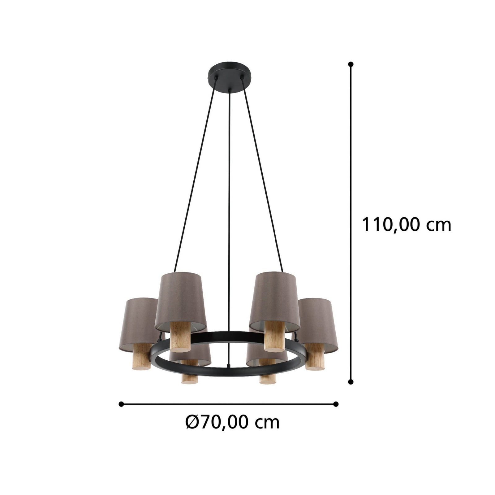 Kroonluchter Edale, 6x stoffen kap cappuccino rond