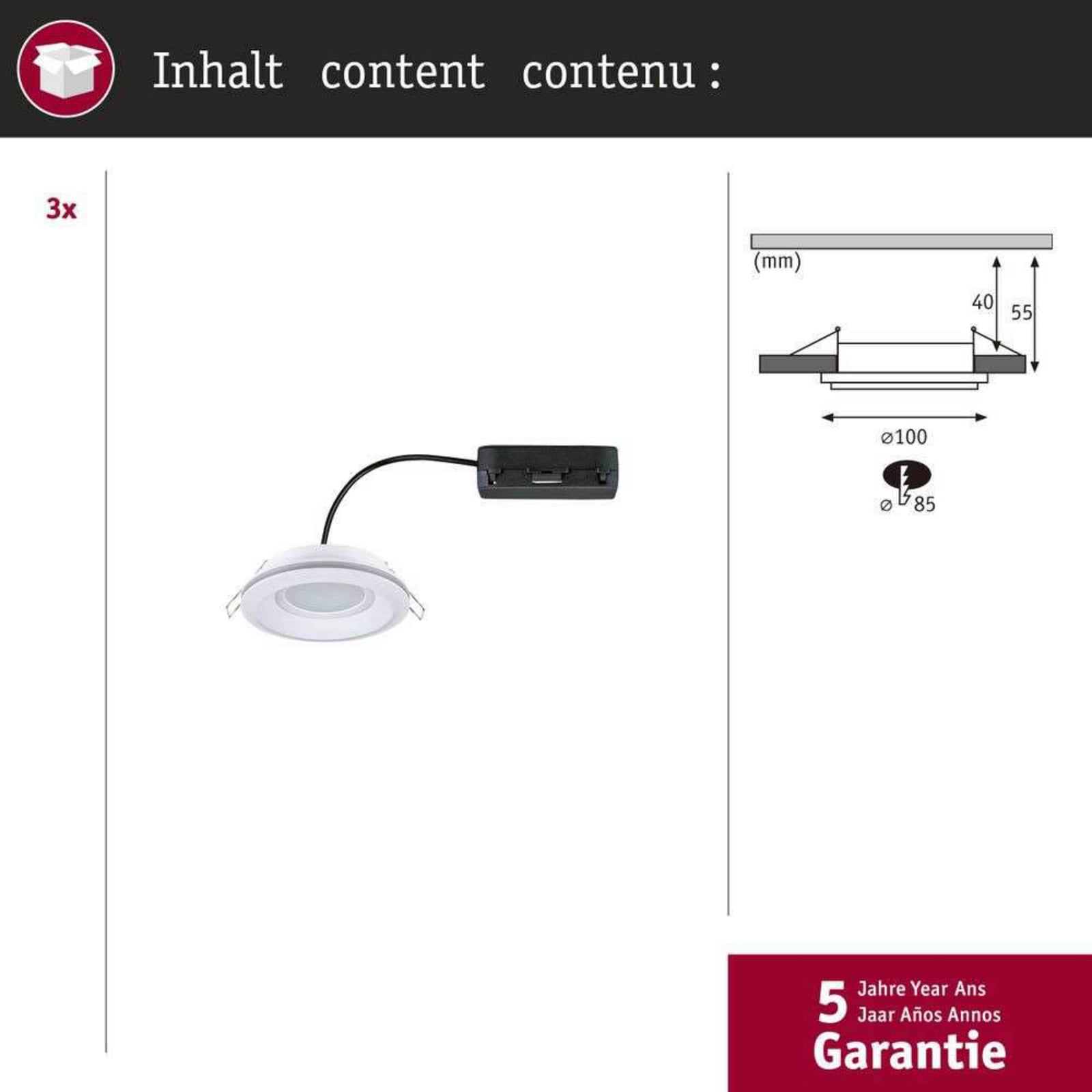 Paulmann LED inbouwlamp Sormus wit, Ø 10 cm, IP65, set van 3 Paulmann LED inbouwlamp Sormus wit, Ø 10 cm, IP65, set van 3