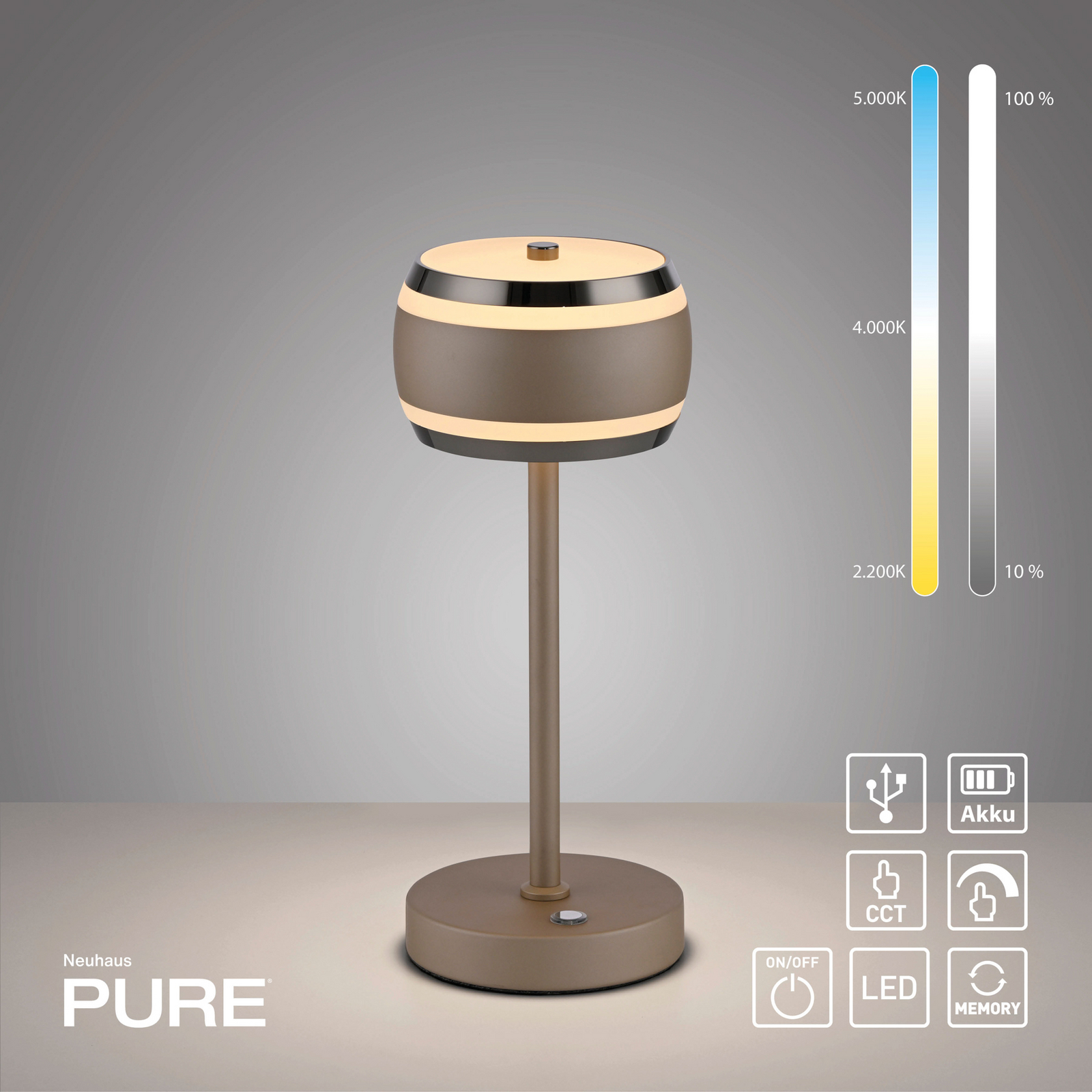 Akumulatora galda lampa PURE Falling Rings, bronza/DARK hroms, CCT Akumulatora galda lampa PURE Falling Rings, bronza/DARK hroms, CCT