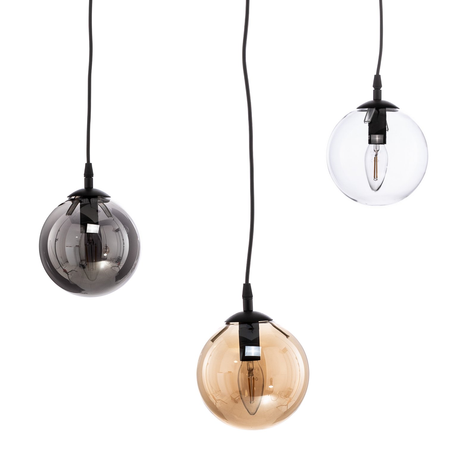 Glassy pendant light, 3-bulb, decentralised, graphite/amber/clear