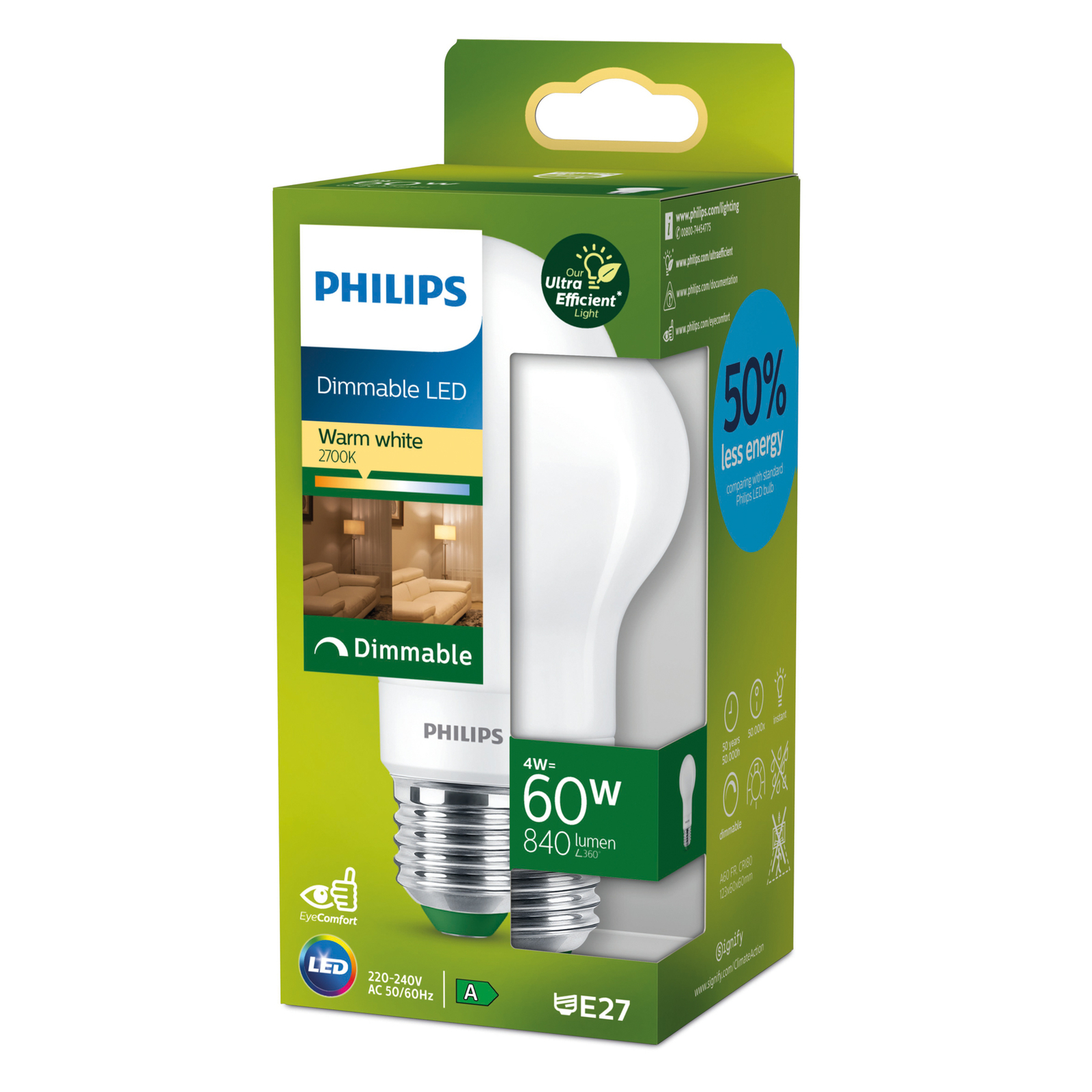 Lampada Philips E27 LED A60 4W 840lm dim 2,700K mate