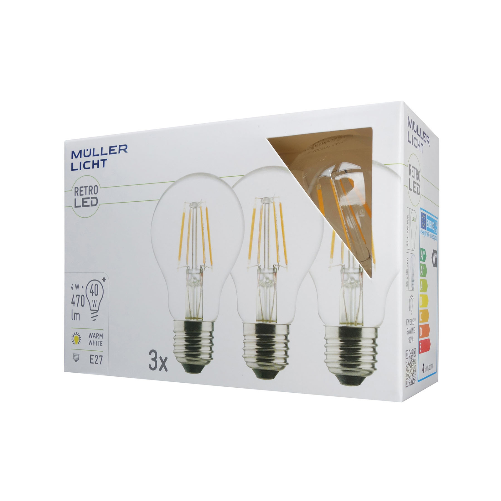 LED lamp E27 4W 2.700K filament 3 per set, 470lm