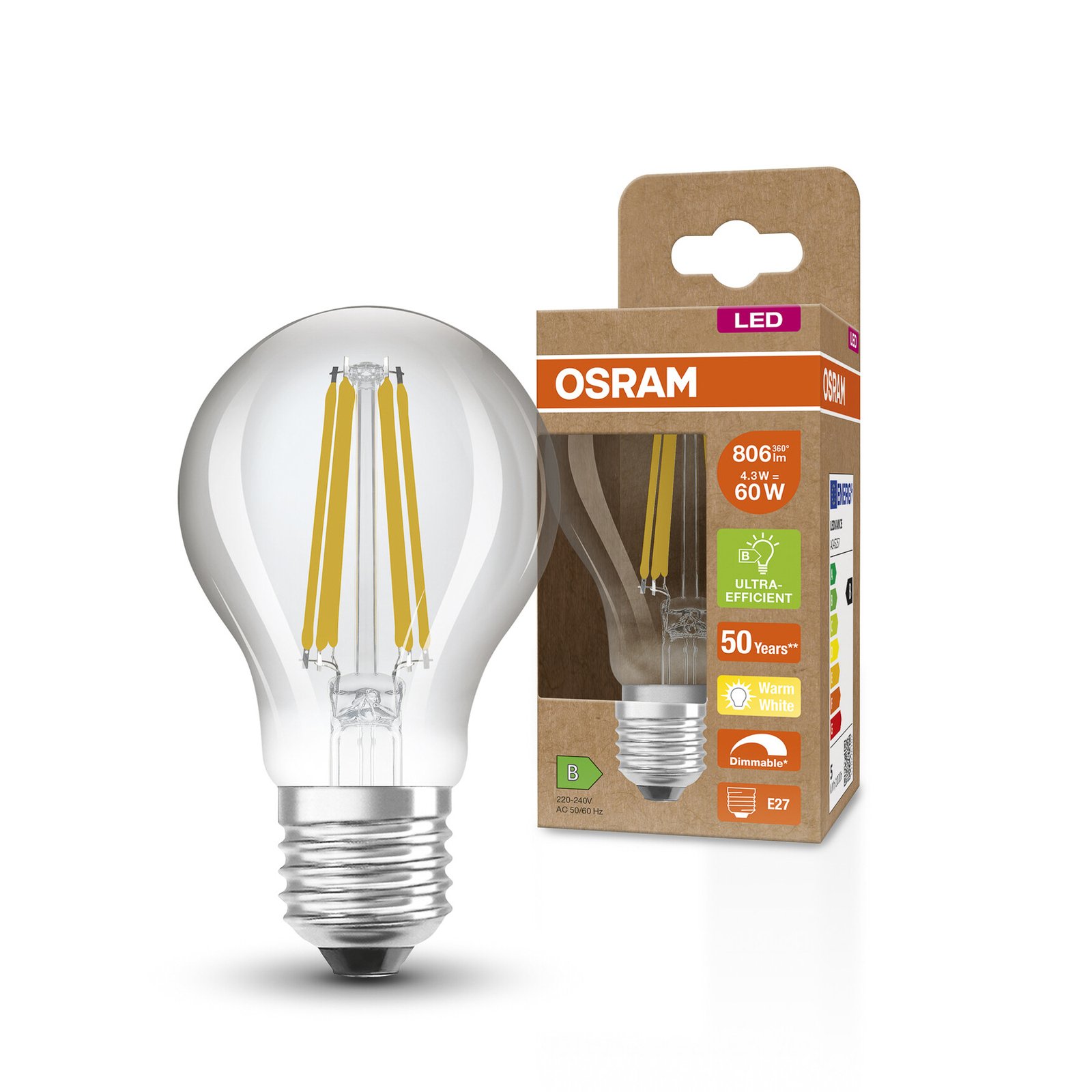 OSRAM Classic LED lamp E27 4,3W 827 filament dim
