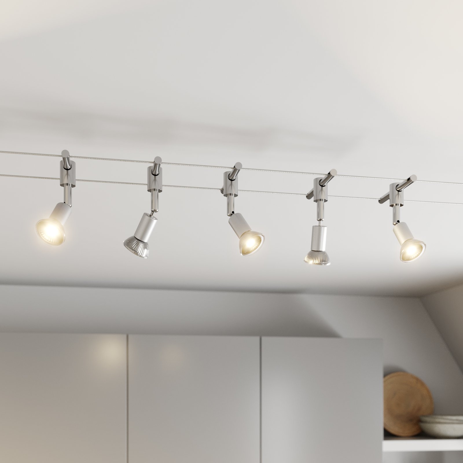 Rope cable lighting system with spotlights, 5-bulb