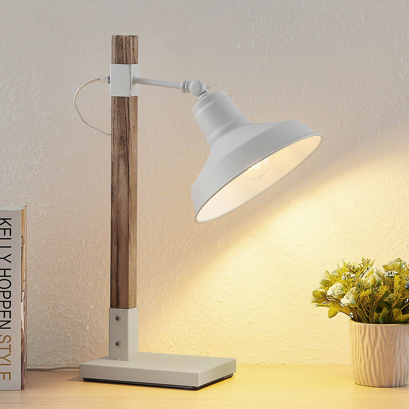 Ontoegankelijk piek heet Lindby Calliora tafellamp, wit, metaal en hout | Lampen24.nl