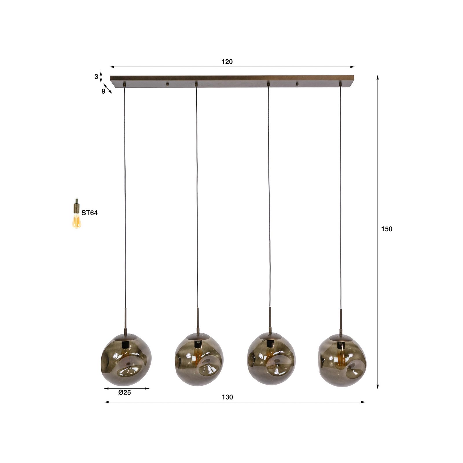 Hängeleuchte Stellar, 4-fl. lang, braun, Glas, E27, 130 cm