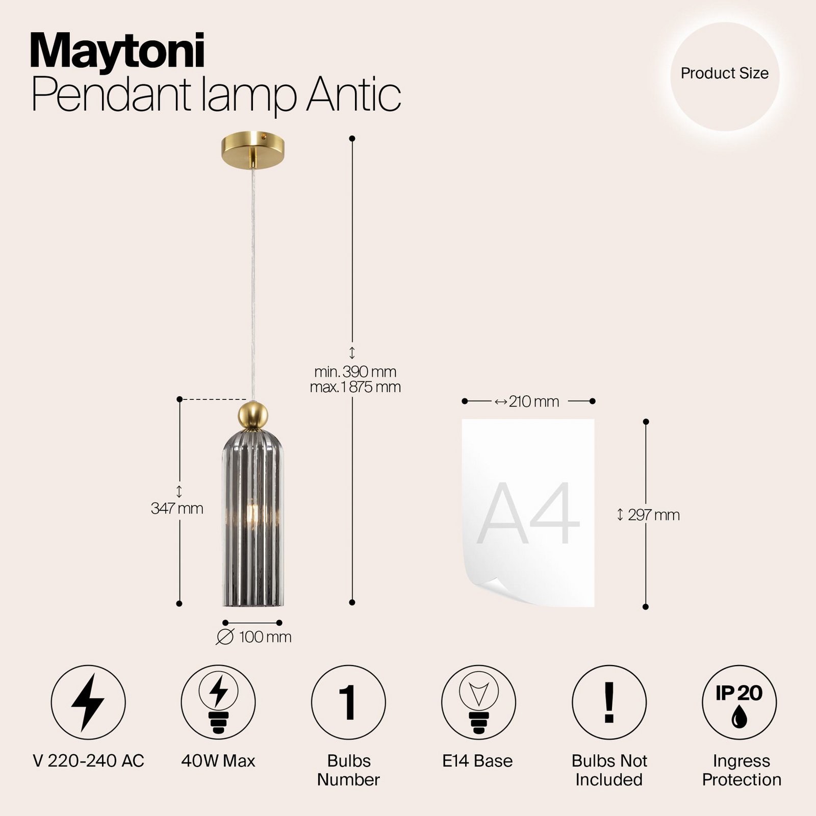 Maytoni Antic suspension abat-jour en verre gris