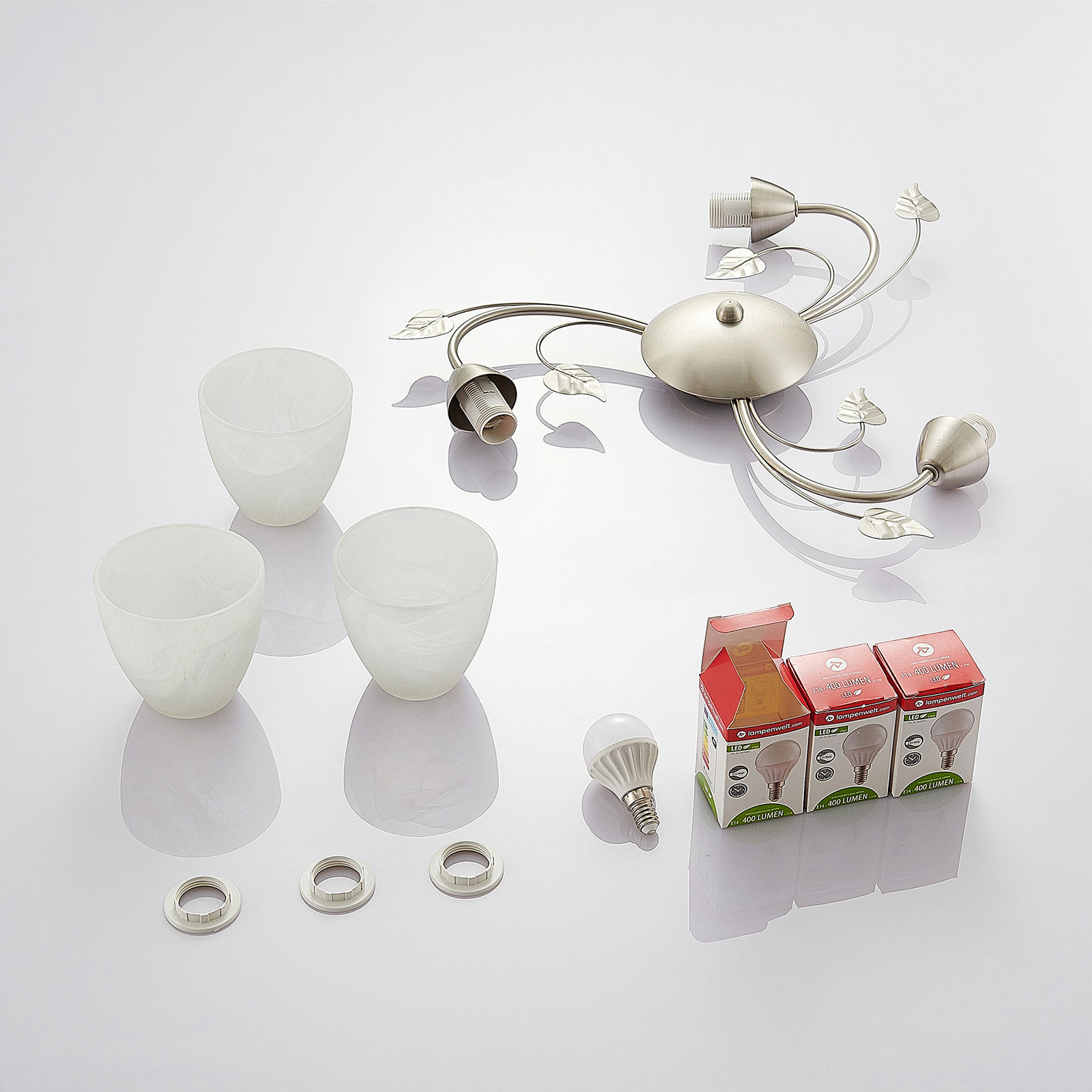 Lindby Deckenleuchte Yannie, 3-flg., 50cm, nickel/weiß, Glas