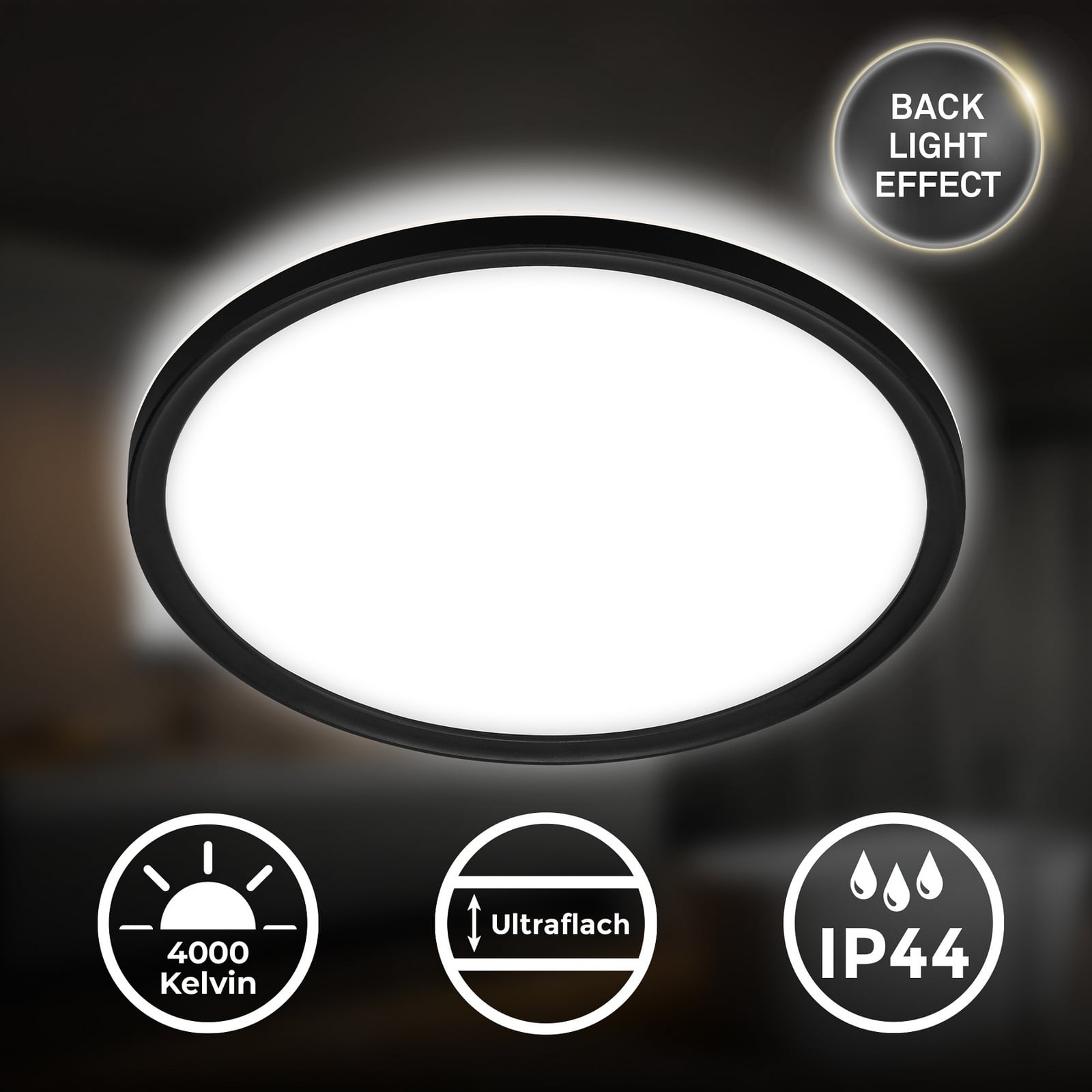 LED vonios lubų šviestuvas „Slim Drip“, juodas, Ø 42 cm, IP44