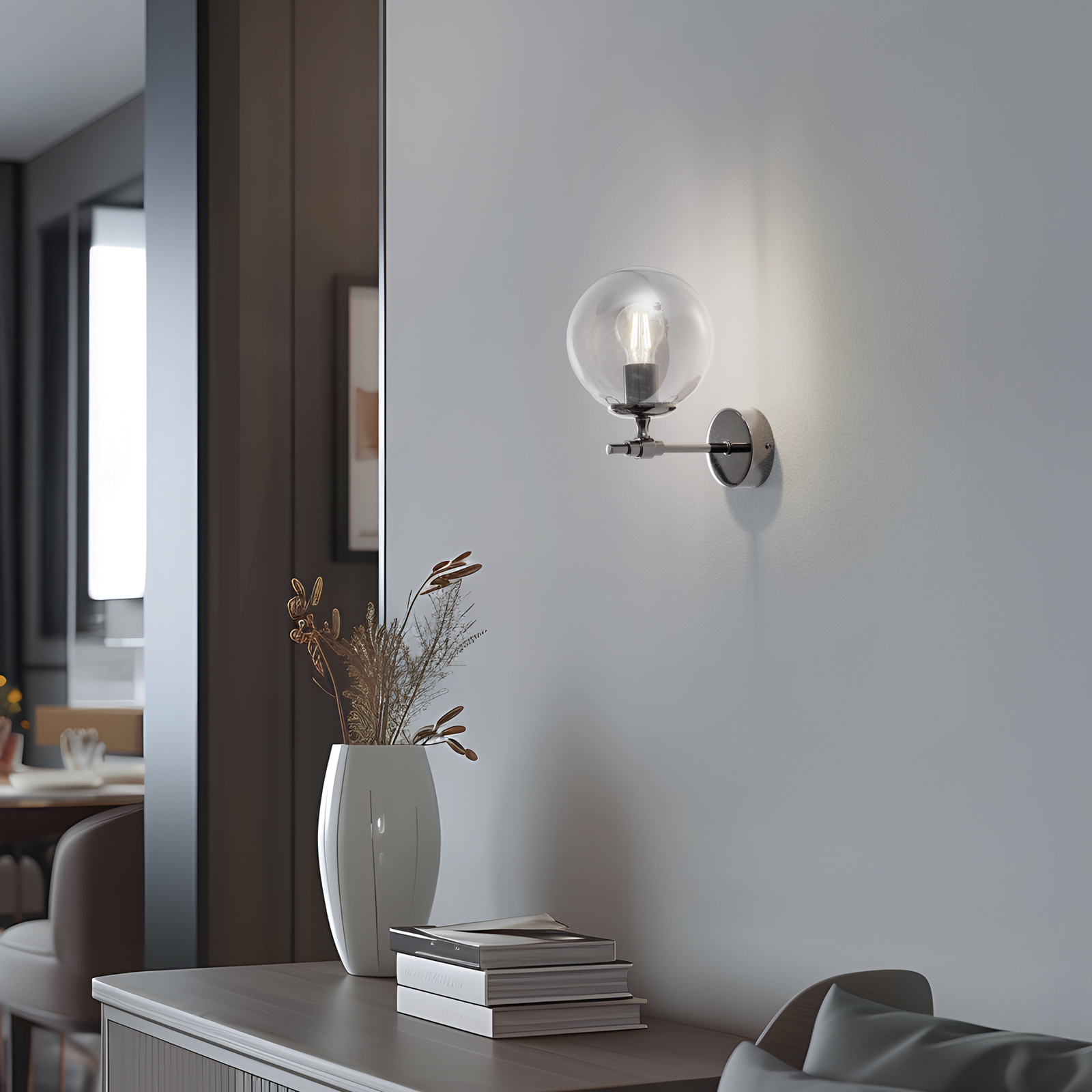 Portemo wall light, smoky grey/nickel, height 27 cm, glass