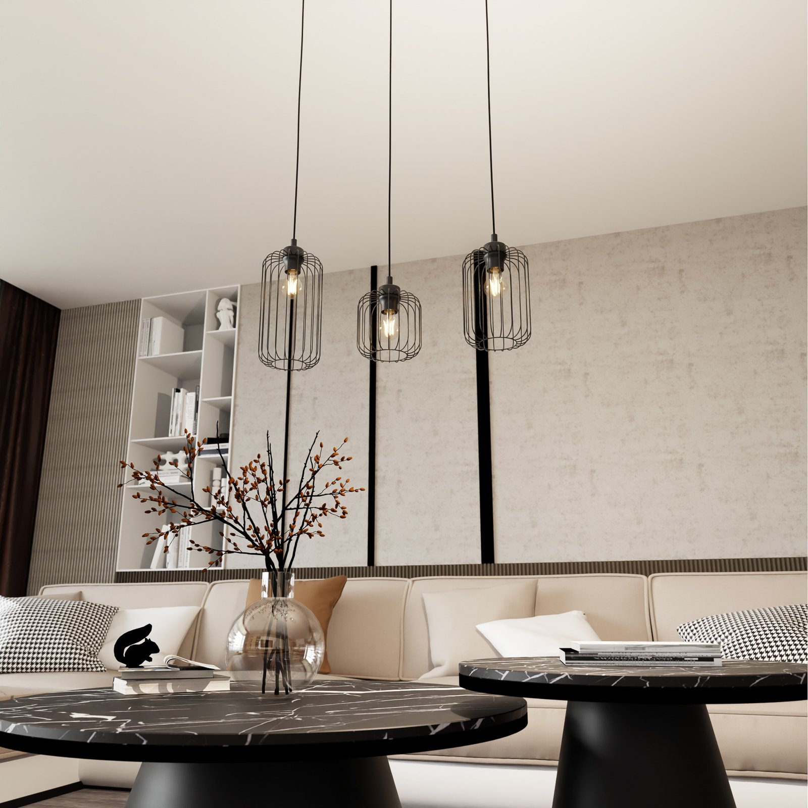 Suspension Vander, 3 lampes, 60 cm, noir, métal, E27