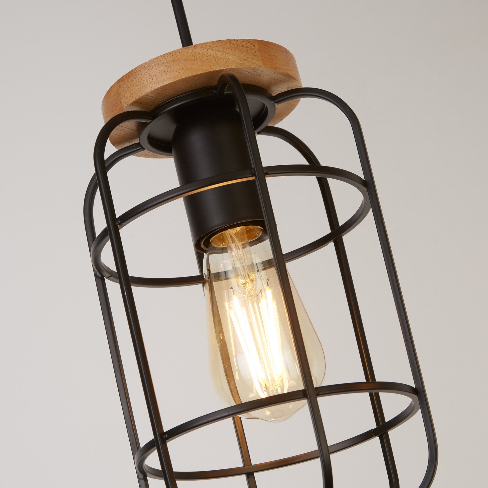 Searchlight Lampă suspendată Cage II 3 becuri - Camera de zi / sufragerie - Scandinavă - maro negru - Lemn