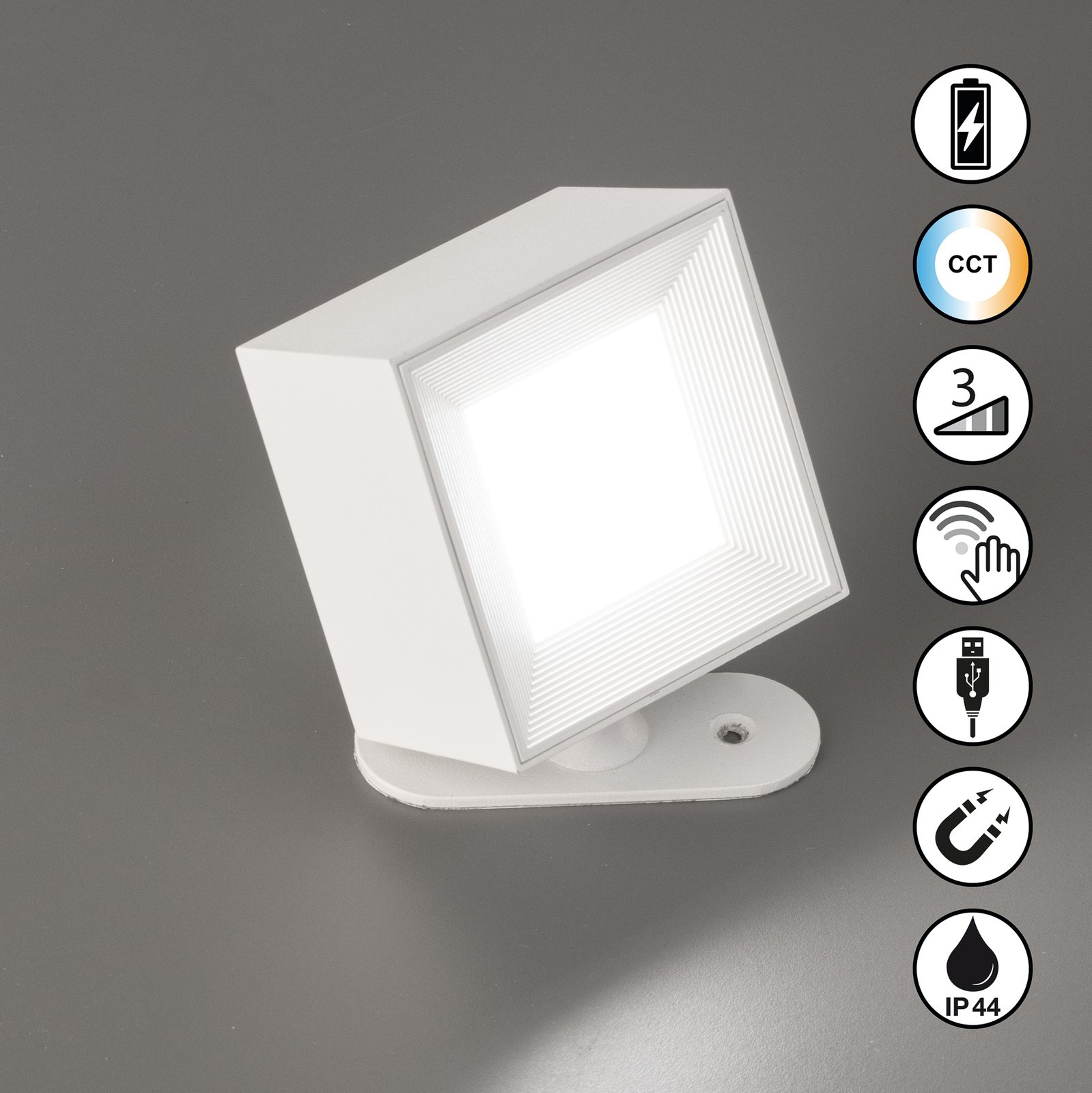 LED rechargeable wall spot Magnetics, white, cube-shaped, dimmable, CCT