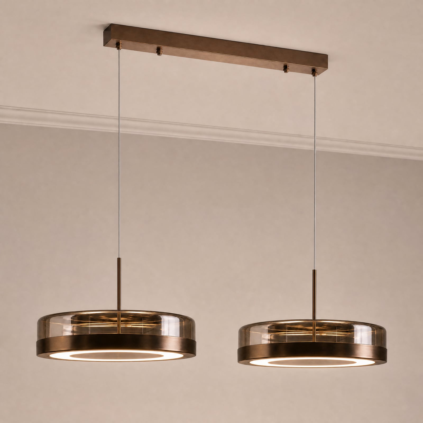 Lampă suspendată LED Lucande La Latta, cu 2 becuri, 80 cm, maro, sticlă