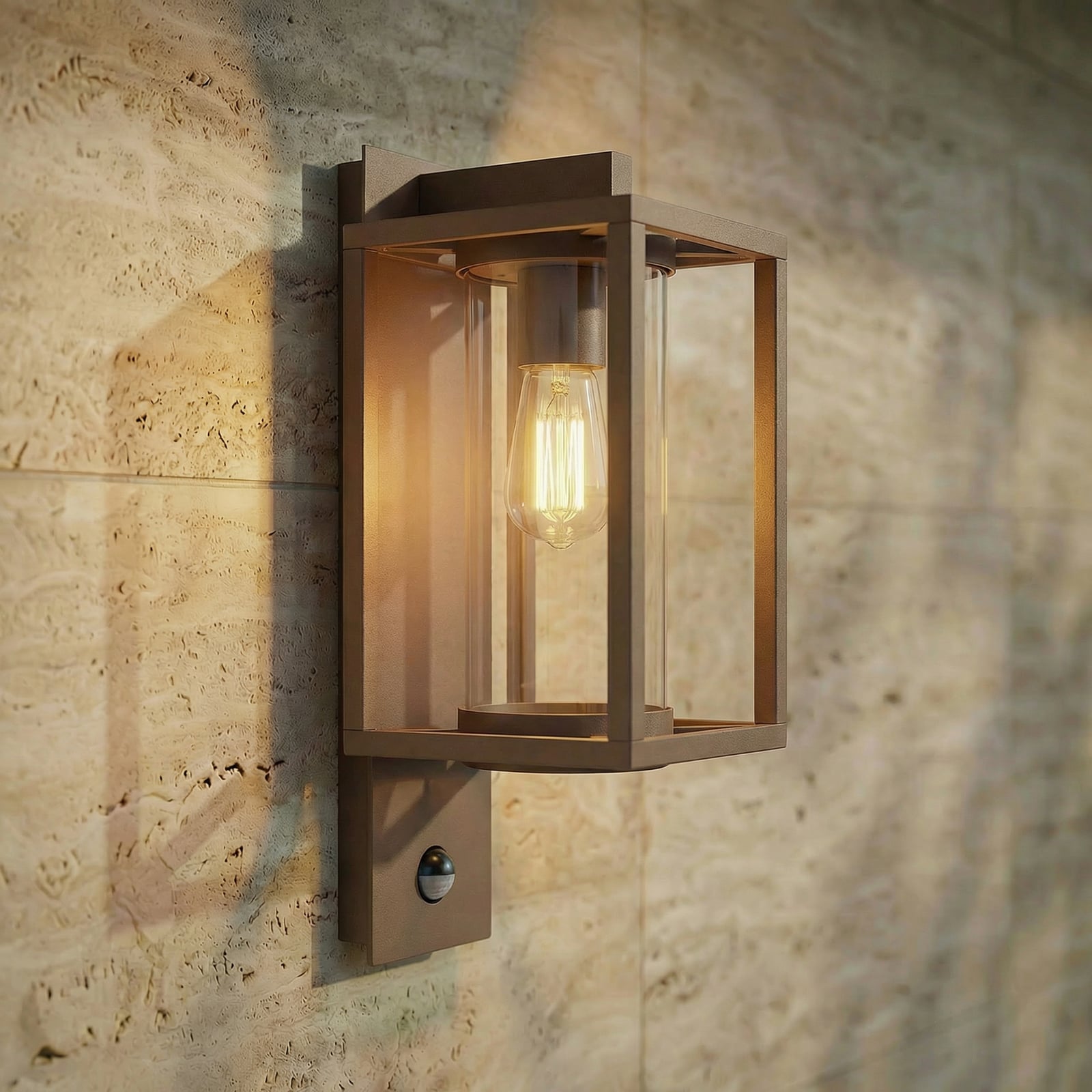 Lampă de exterior Lucande Ferda, senzor, soclu în partea inferioară, maro