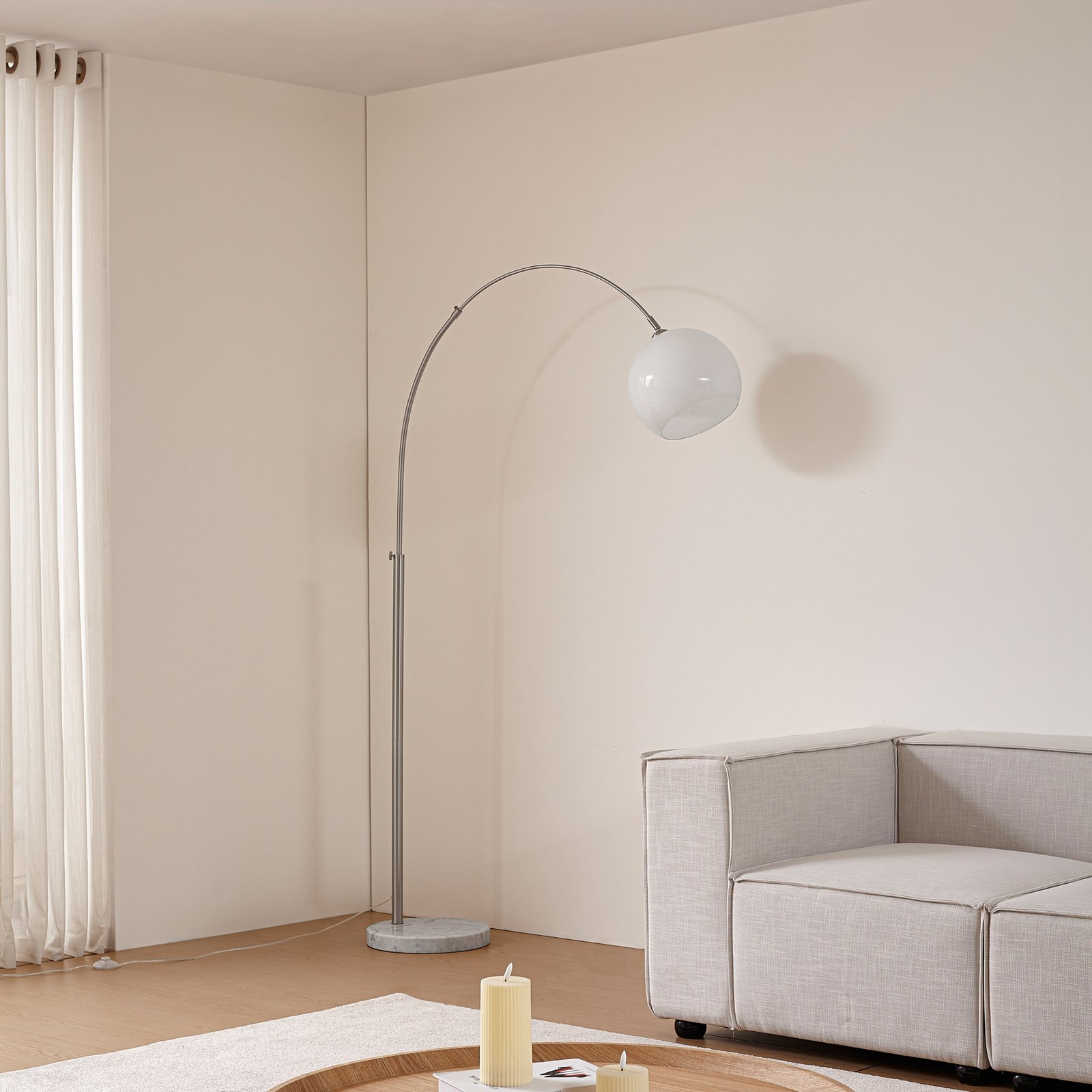 Alverton Bogenleuchte, weiß/nickel, 197 cm, Glas - Lindby Alverton Bogenleuchte, weiß/nickel, 197 cm, Glas - Lindby