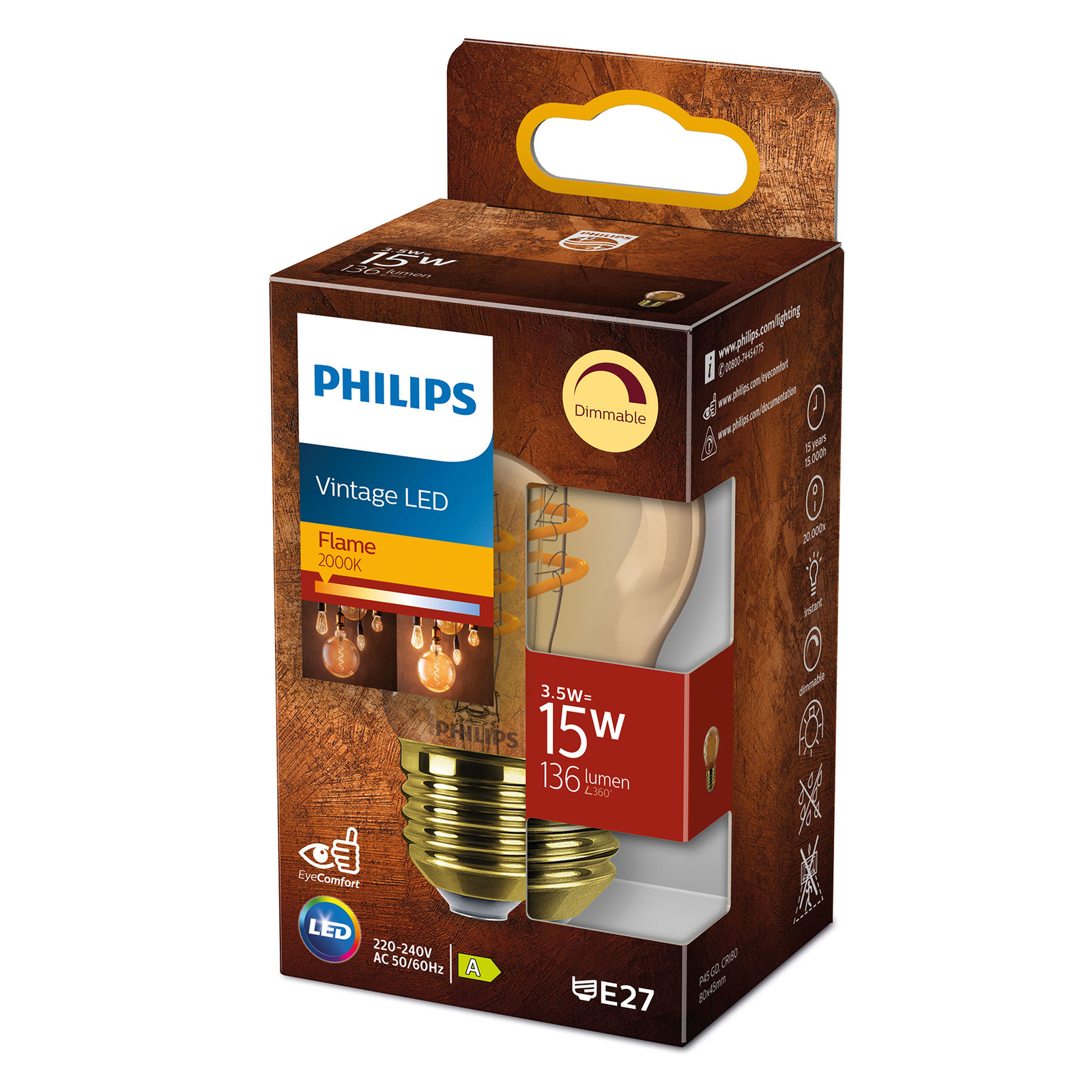 Philips LED Classic E27 P45 2,6 W 1 800 K doré dim