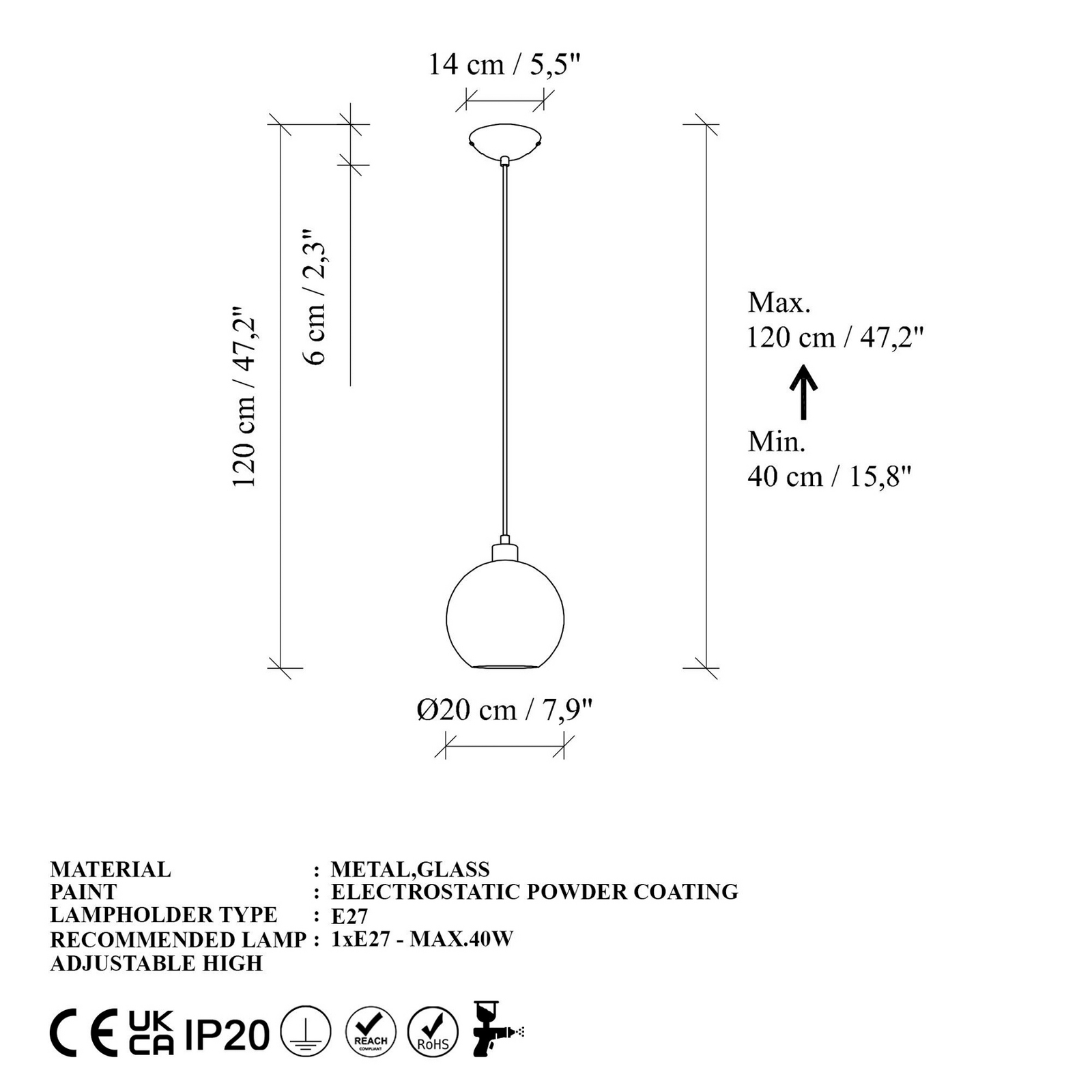 Lampa suspendată Benek, roșie, sticlă, Ø 20 cm, E27