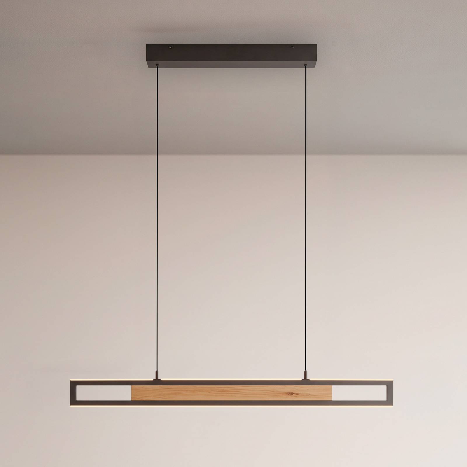 Paul Neuhaus LED hanglamp Sveja, lengte 80 cm, zwart/houtkleur, CCT
