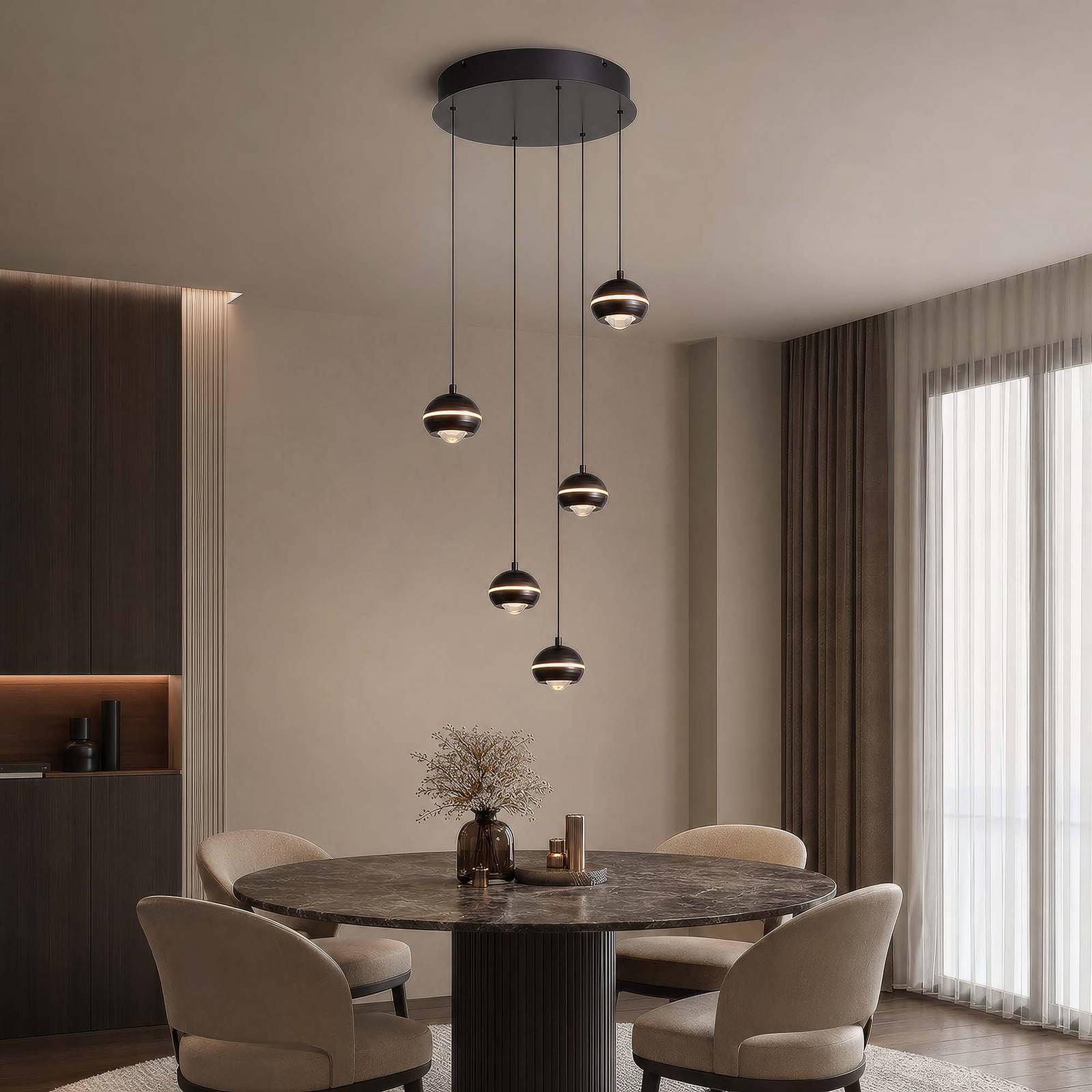 Searchlight LED hanglamp Meteor 5-lamps, rond, CCT, nikkelzwart, metaal