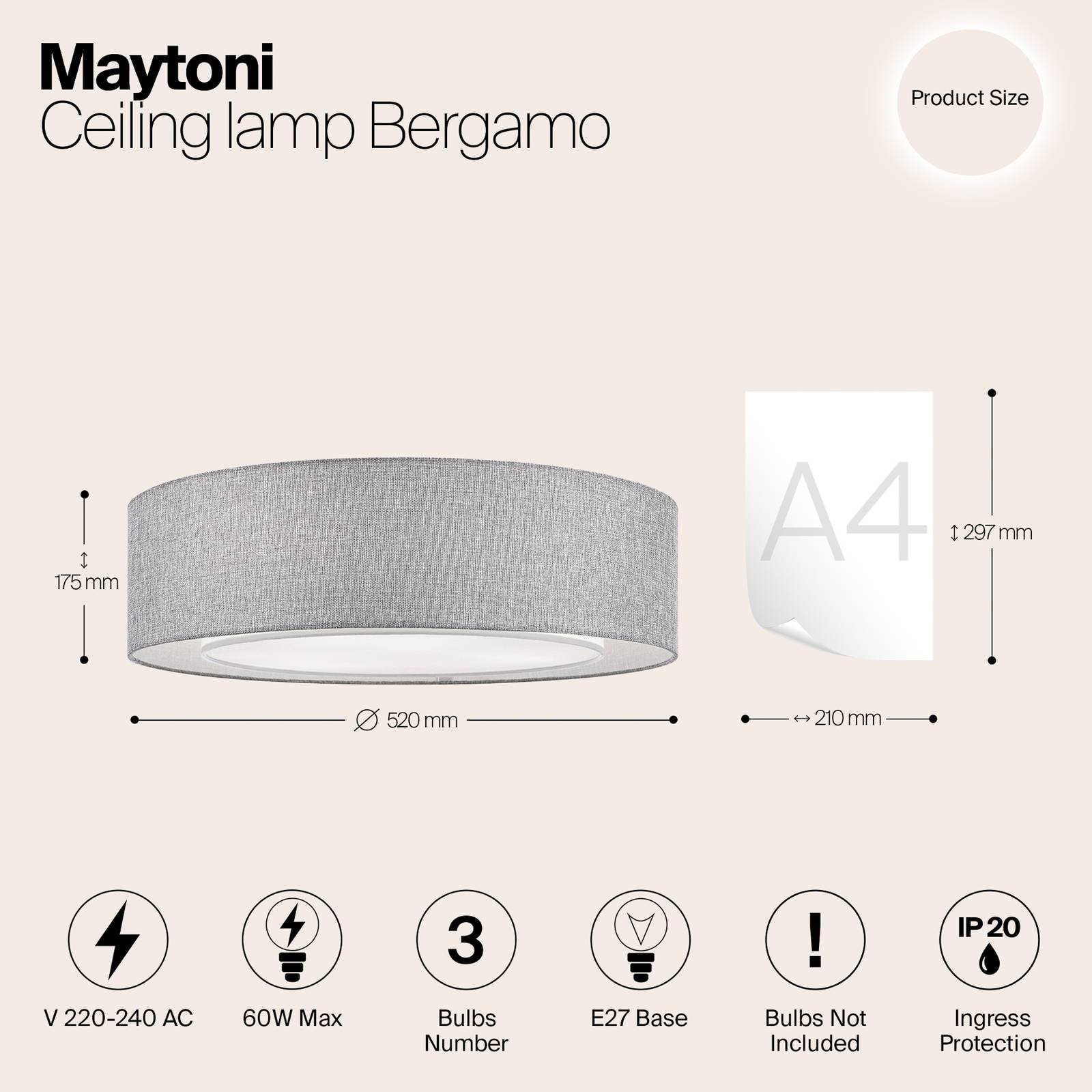 Lampa sufitowa Maytoni Bergamo, szary/biały, len, Ø 52 cm