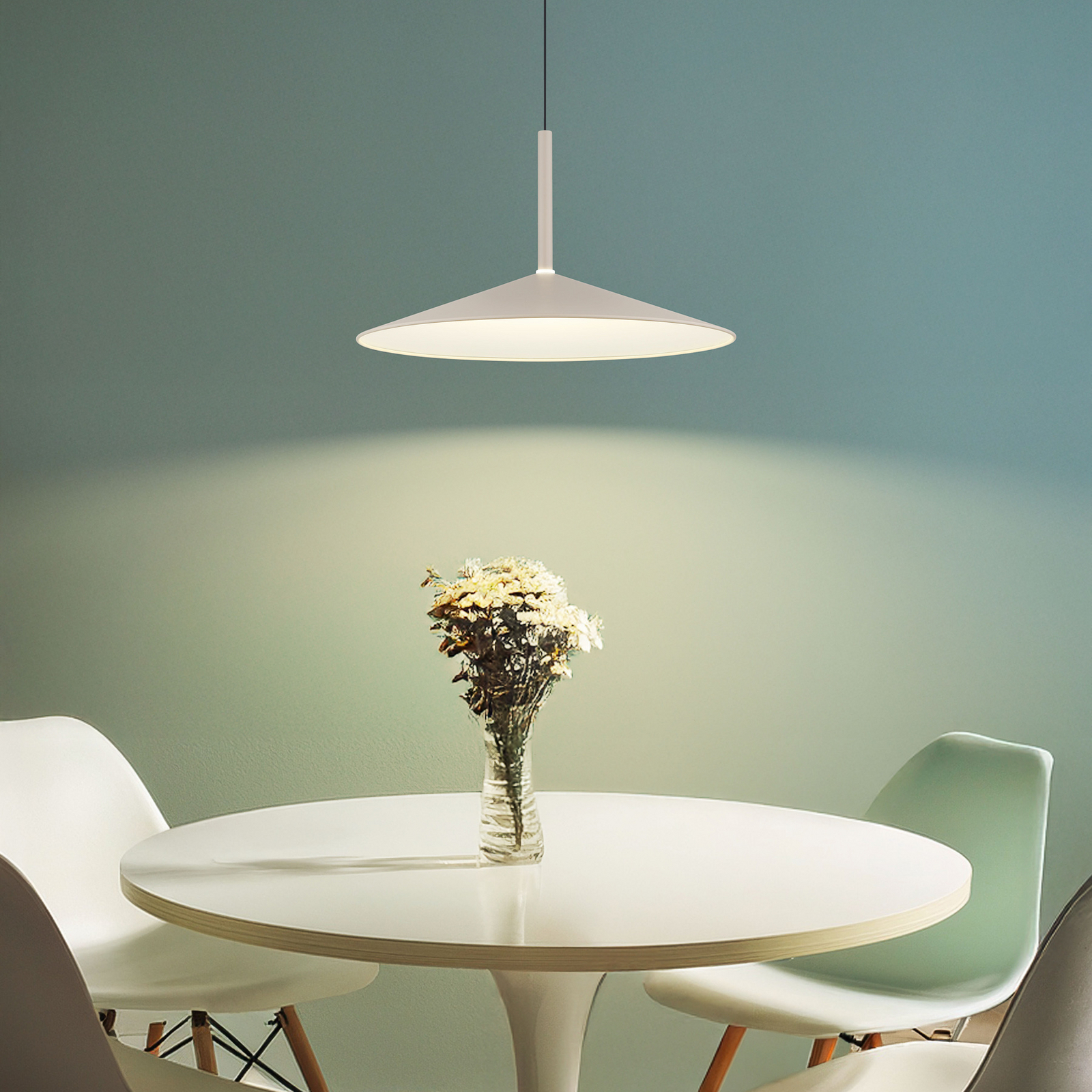 Κρεμαστό φωτιστικό LED Lampone, χρώμα άμμου, Ø 47 cm, μέταλλο, Soft-Lift Κρεμαστό φωτιστικό LED Lampone, χρώμα άμμου, Ø 47 cm, μέταλλο, Soft-Lift