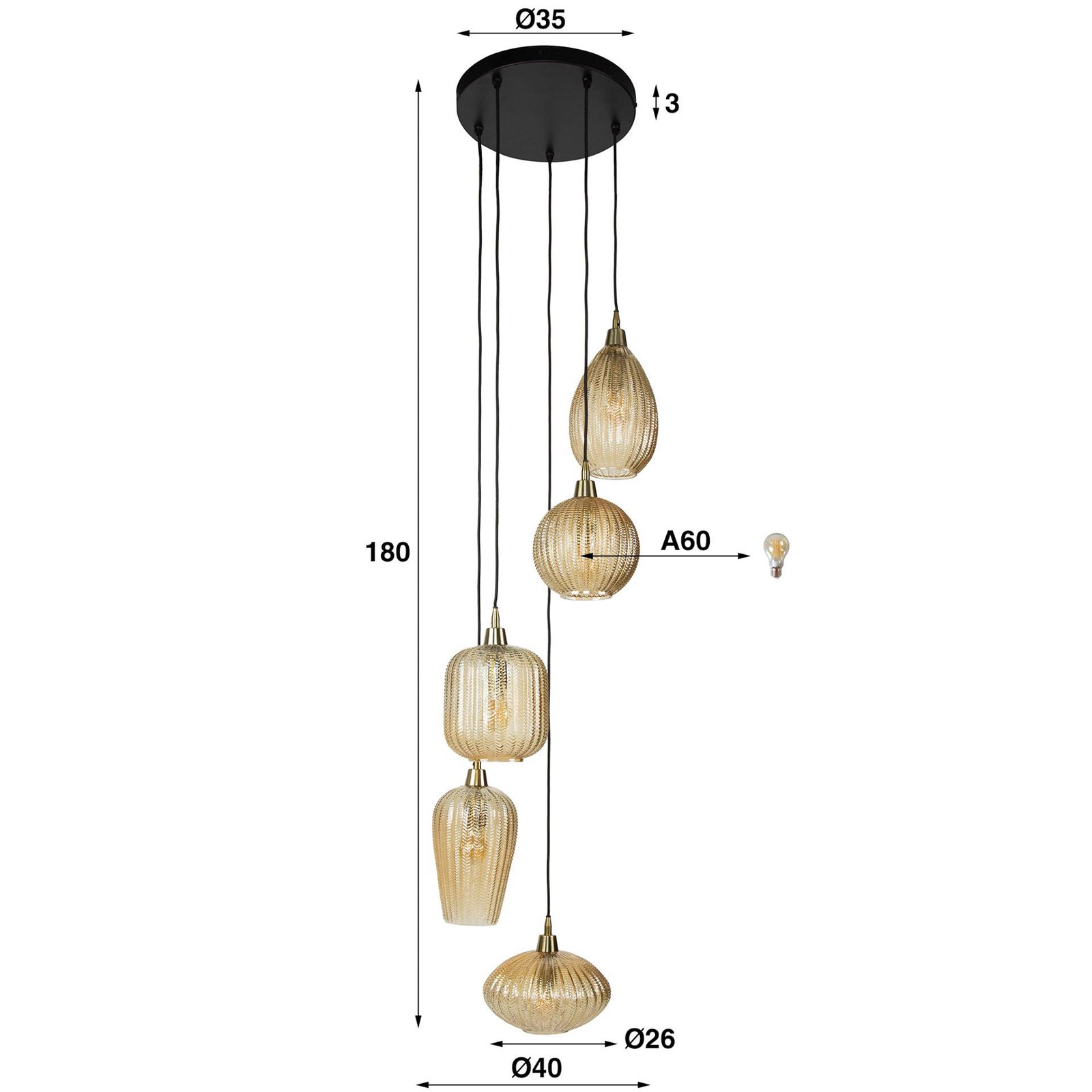 Hängeleuchte V-Shape, amber, Ø 40 cm, Glas, 5-flammig