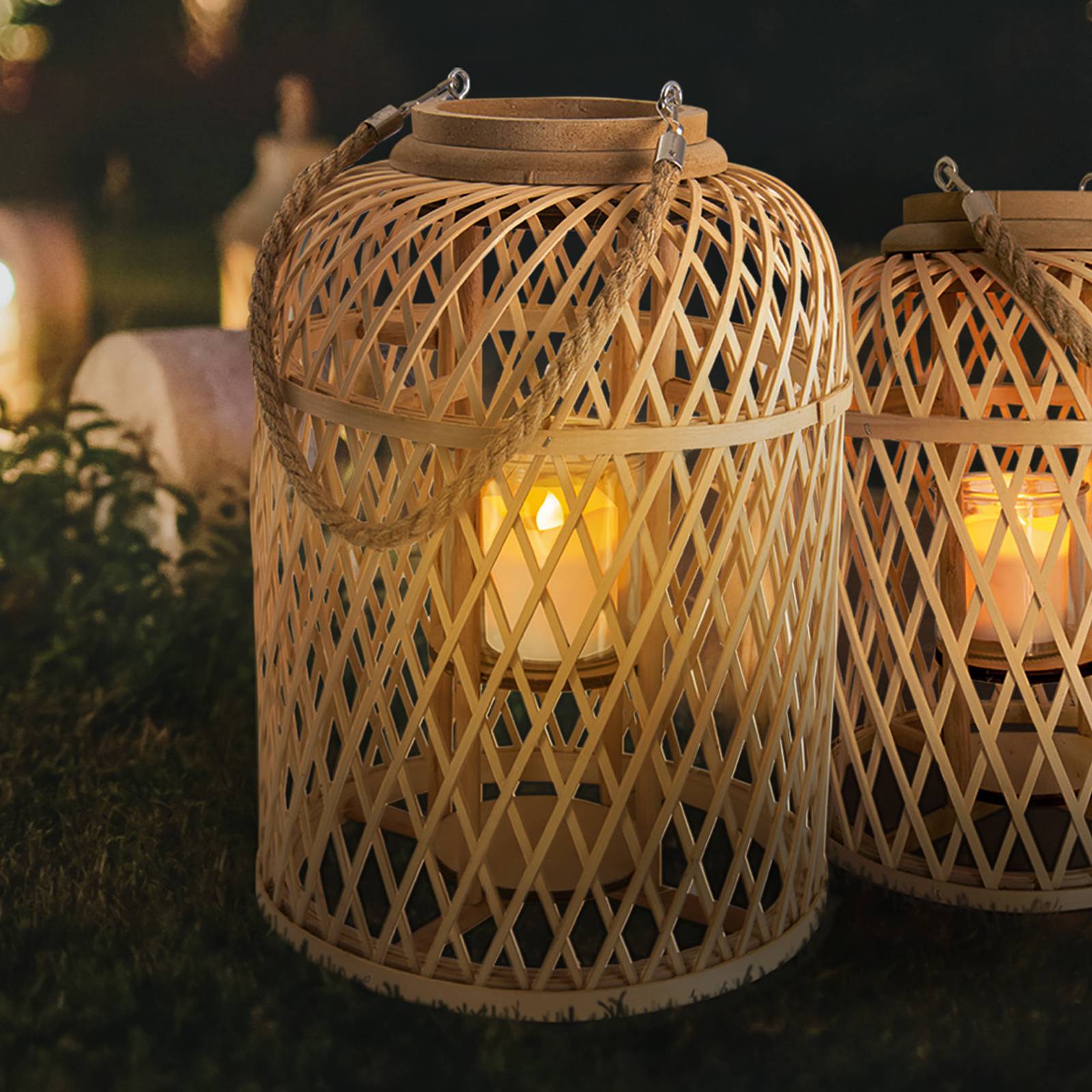 Basket LED solar lantern, bamboo Lights.ie