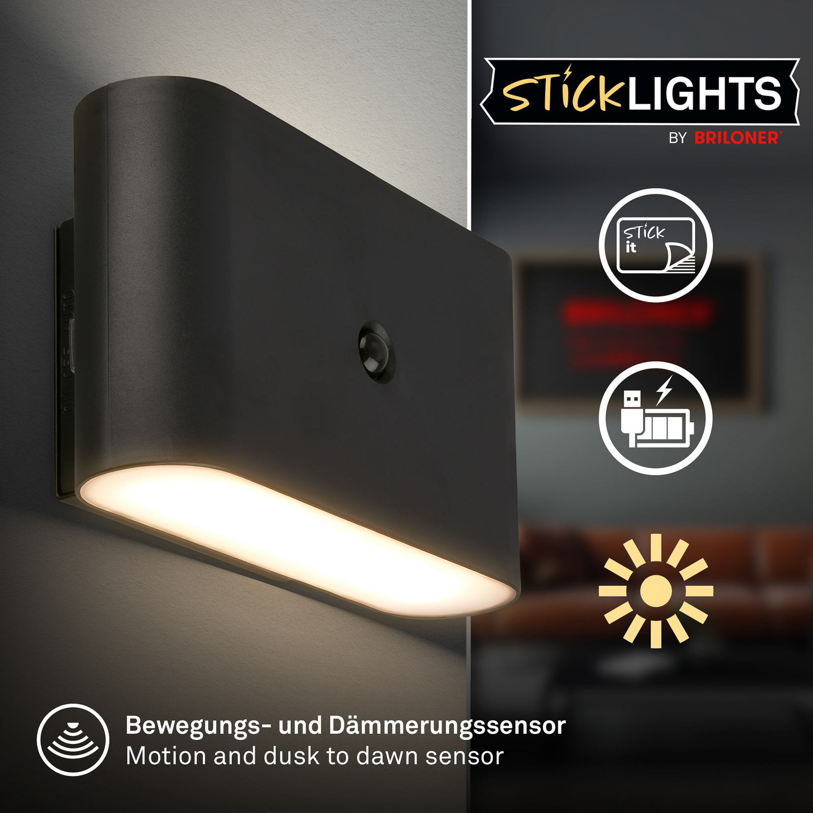 LED-akutoitega seinavalgusti Chat, must, 16 cm, plast, andur