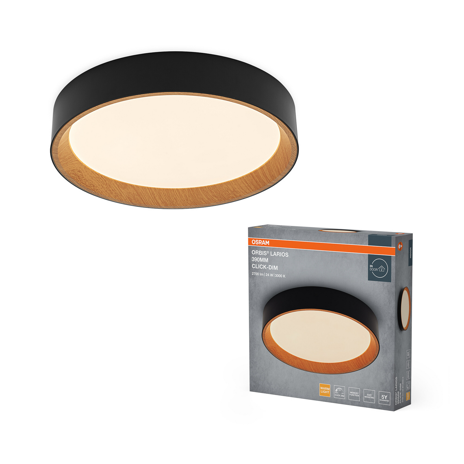 Φωτιστικό οροφής LED OSRAM ORBIS LARIOS, μαύρο/ξύλο, Ø 39 cm, με ρυθμιστή Φωτιστικό οροφής LED OSRAM ORBIS LARIOS, μαύρο/ξύλο, Ø 39 cm, με ρυθμιστή