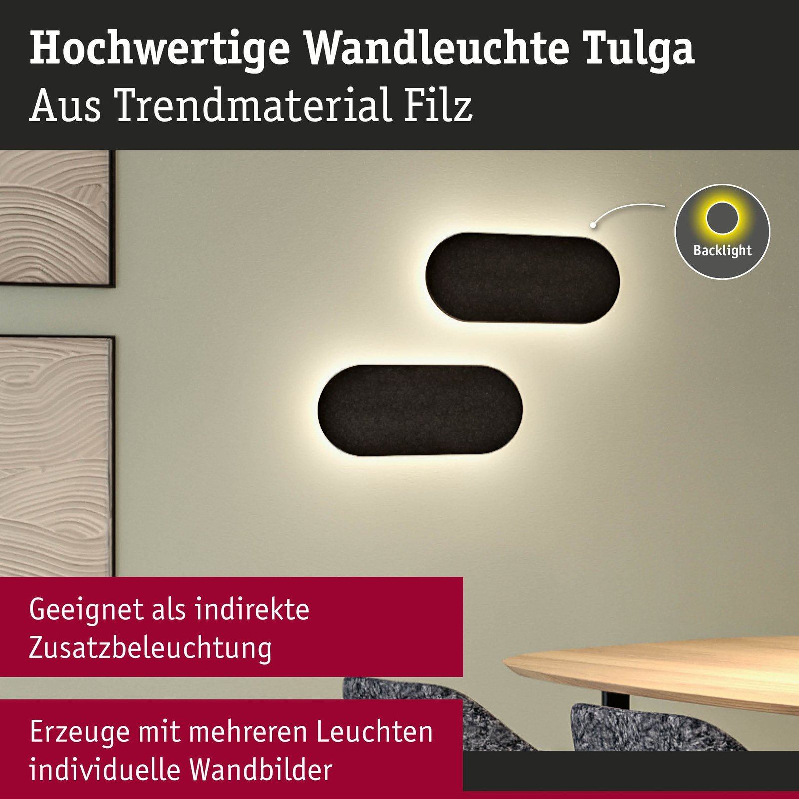 Paulmann LED nástěnné svítidlo Tulga, 45 x 20 cm, antracit, plsť