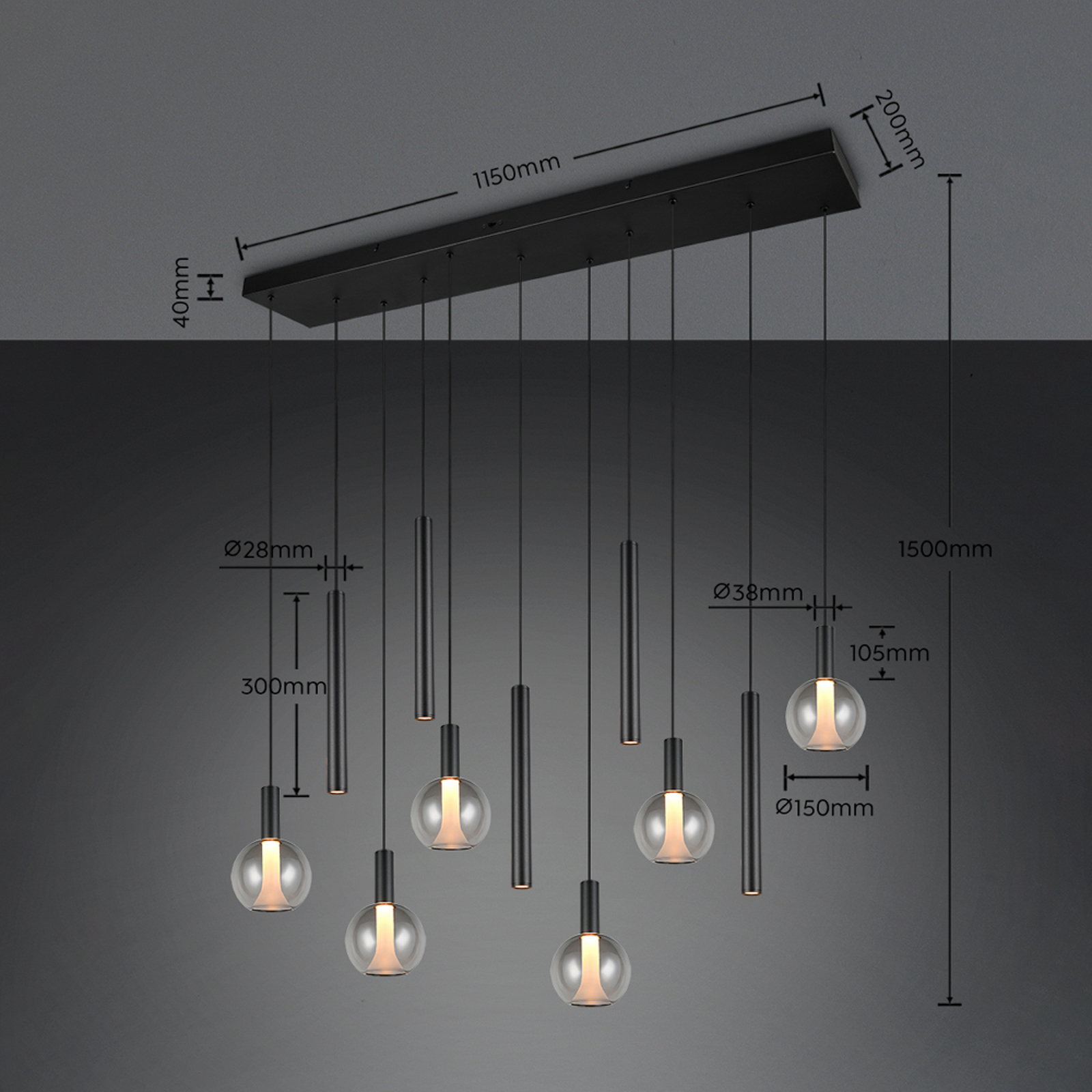 LED piekaramā lampa „Melaro“, garums 120 cm, melna, metāls/stikls, 11 spuldzes LED piekaramā lampa „Melaro“, garums 120 cm, melna, metāls/stikls, 11 spuldzes
