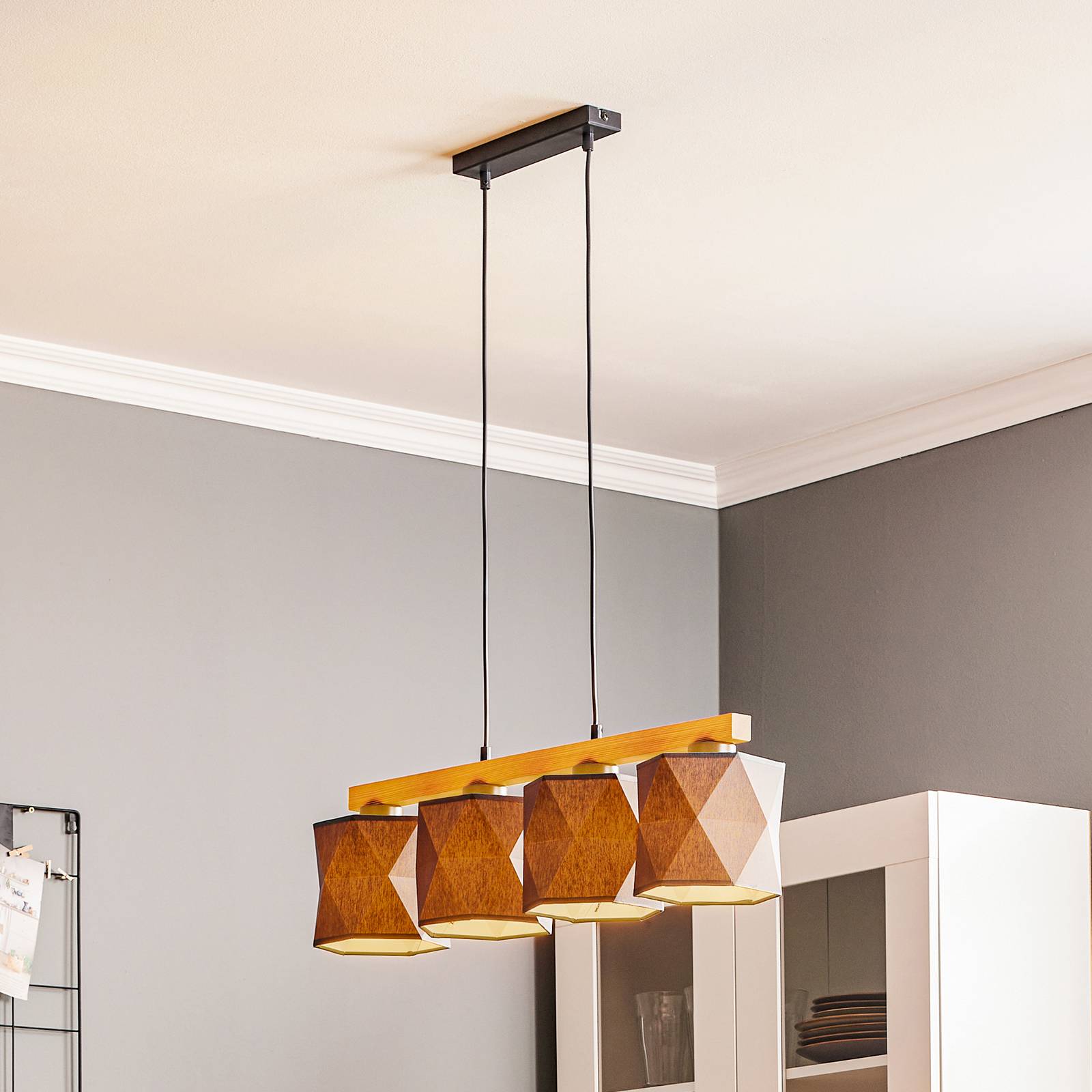 Euluna Fano hanging light, wood and fabric, four-bulb, for Living / Dining Room, fabric, pine wood, E27, 60 W, L: 75 cm, W: 15 cm