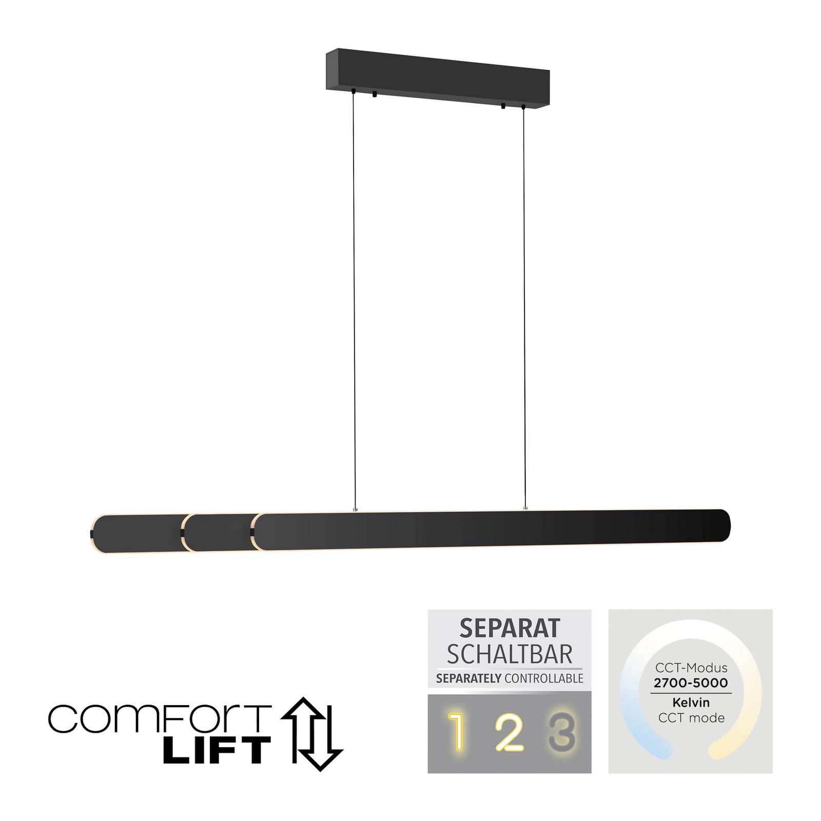 LED-riippvalgusti ADRIANA ROUND, must, pikkus 160 cm, metall, CCT
