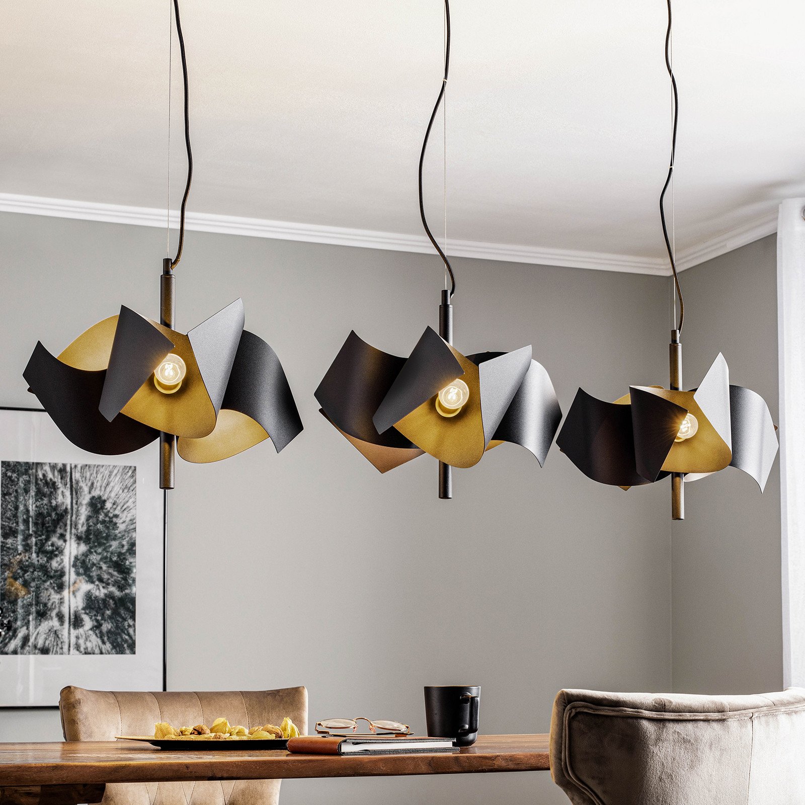 Lucande Imron lampă suspendată 3 becuri negru - Camera de zi / sufragerie - design - negru nisipiu - Metal