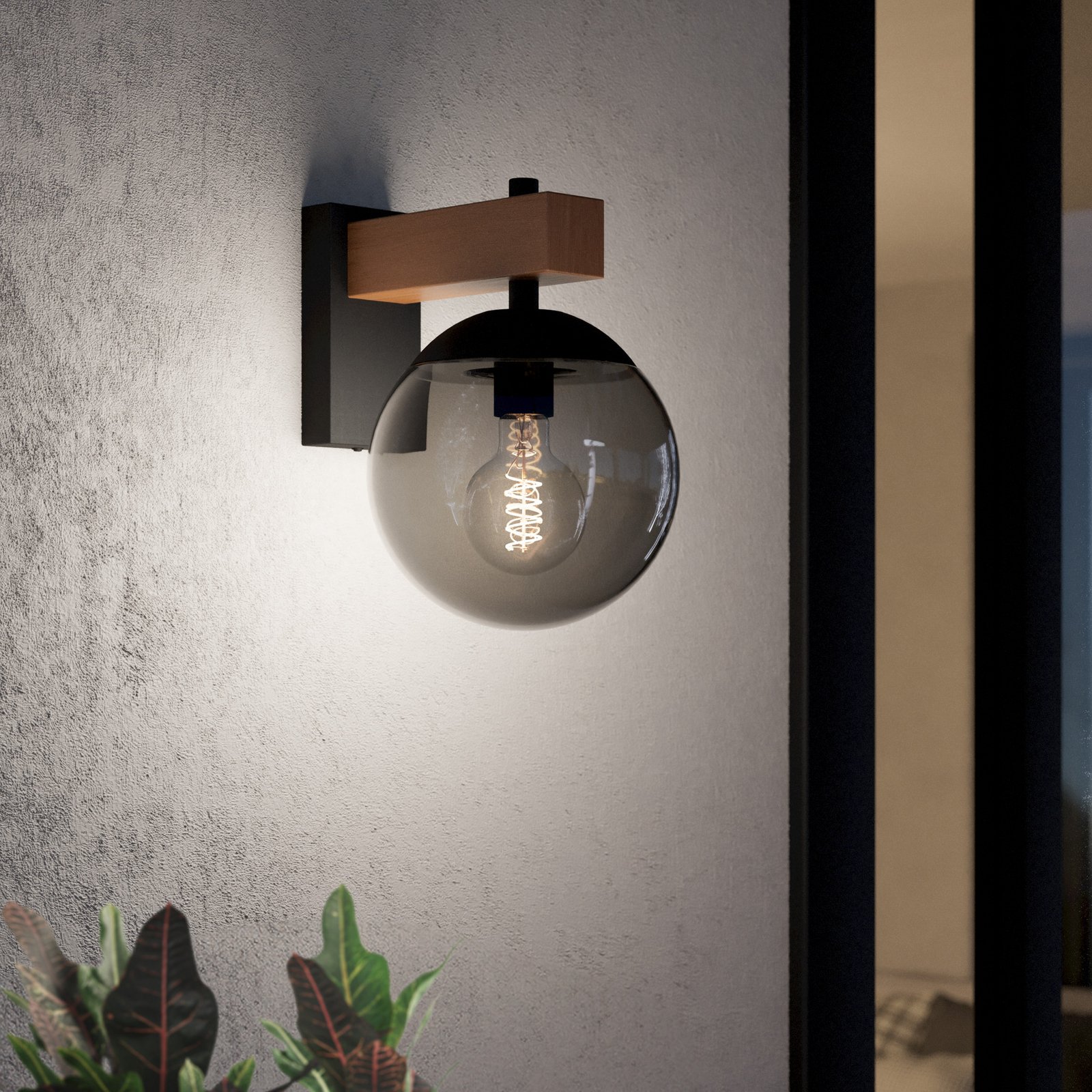 Applique da esterno Bufalata, nero/legno/grigio fumo