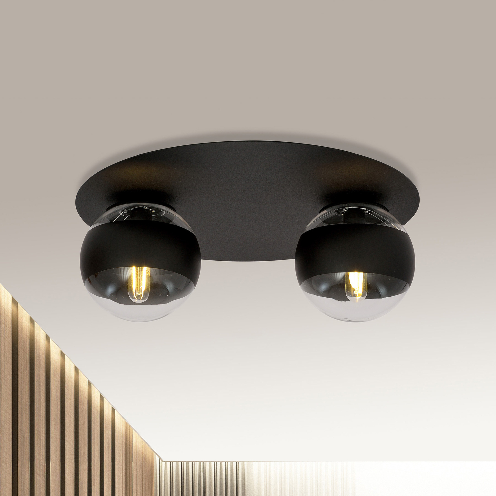 Kenzo ceiling light, black/clear, two-bulb