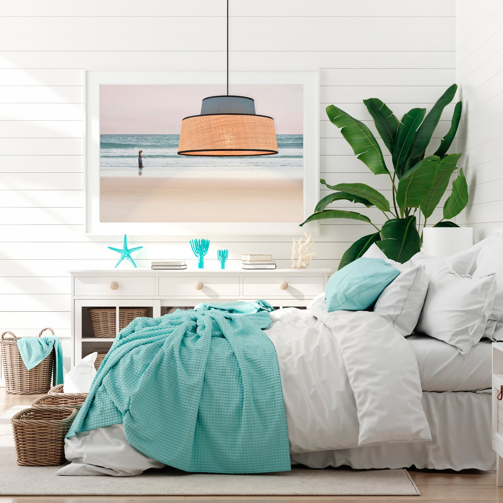 Żyrandol Mallorca, kolor petrolowy/naturalny, Ø 38 cm, tkanina/liana