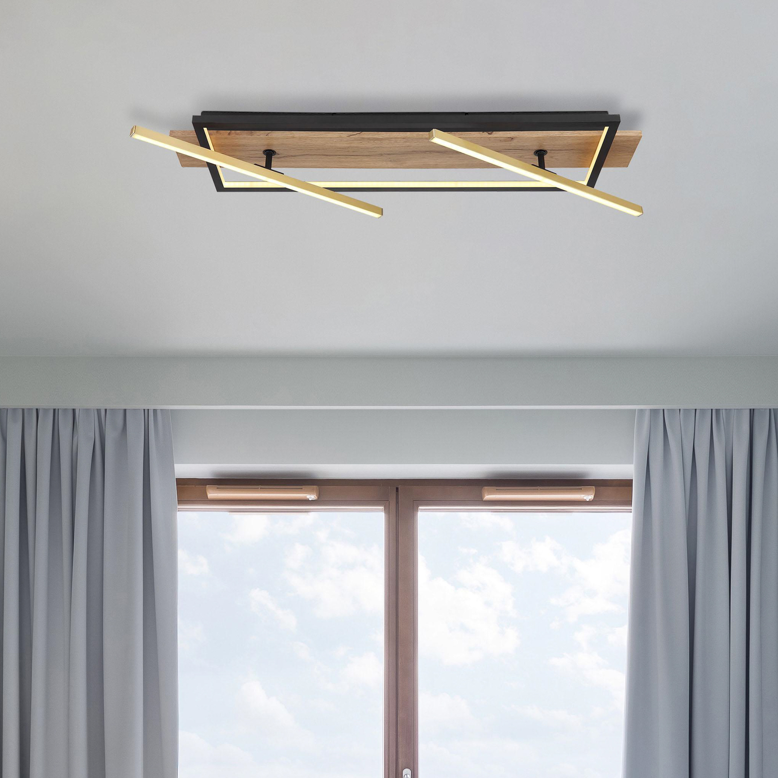 Beatrix LED ceiling light, length 81.5 cm, wood/black, wood