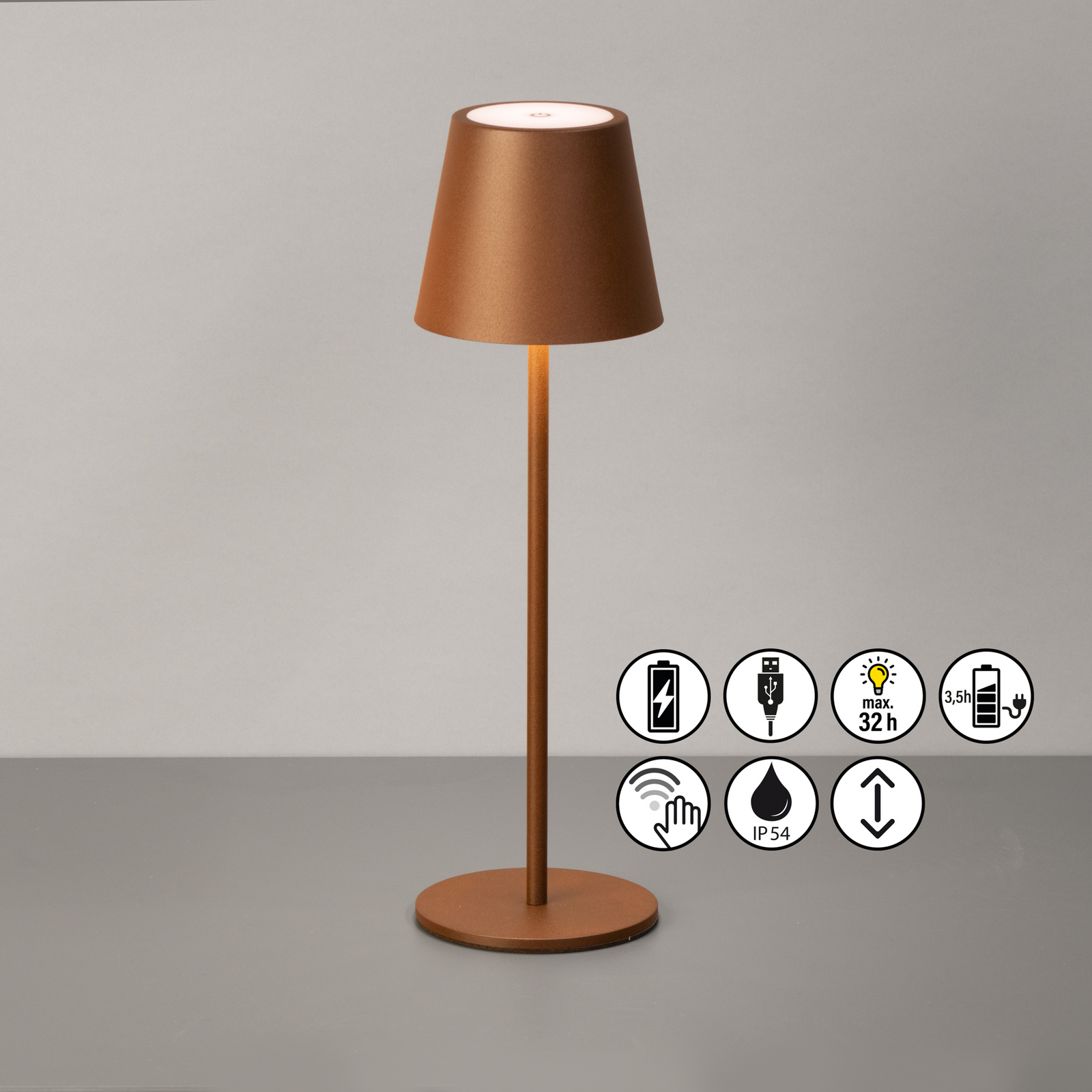 LED-Akku-Tischleuchte Viletto, rostfarben, Höhe 36 cm, IP54