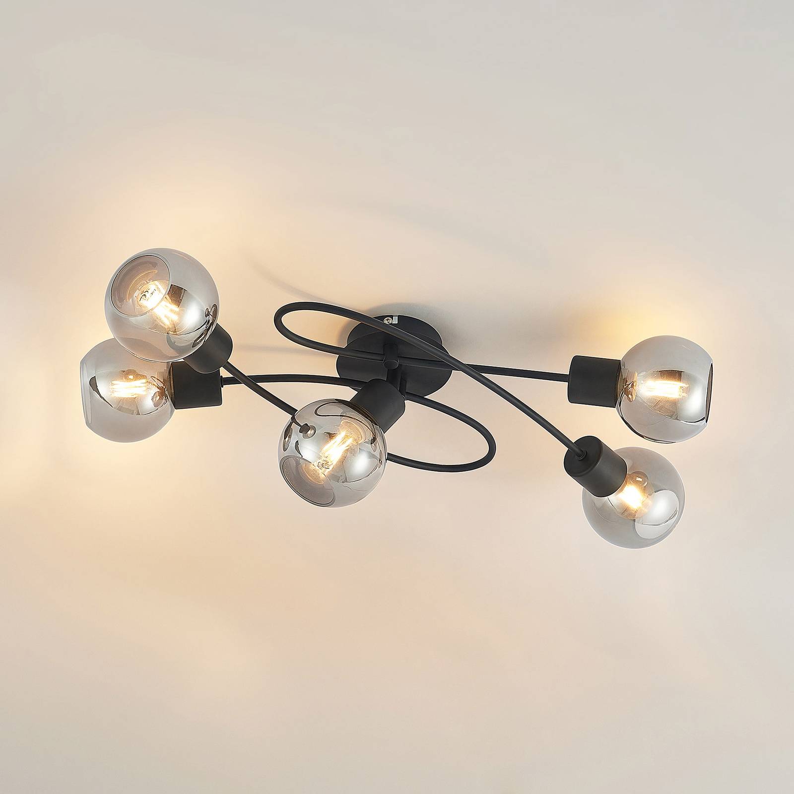 Lampa sufitowa Lindby Elaina, 66cm, 5-punktowa, czarny/dymny, szkło